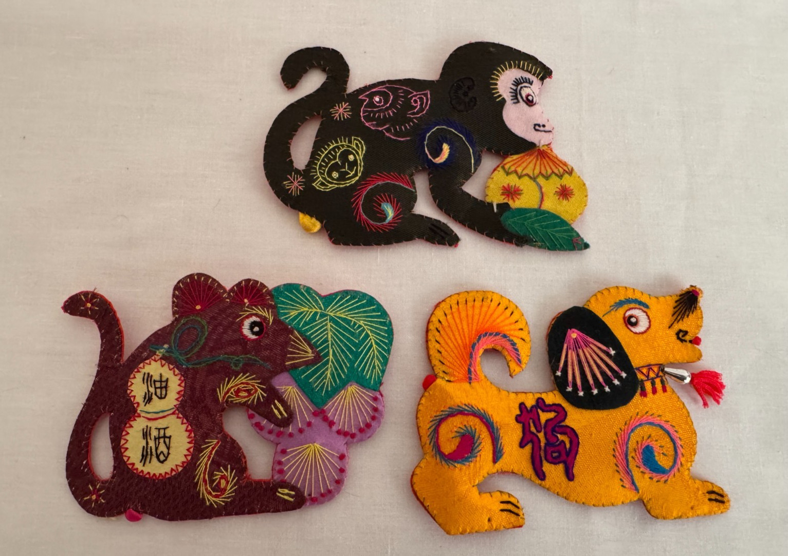 Chinese Zodiac Embroidered Animals Handmade Set of 3 Monkey Dog Rat