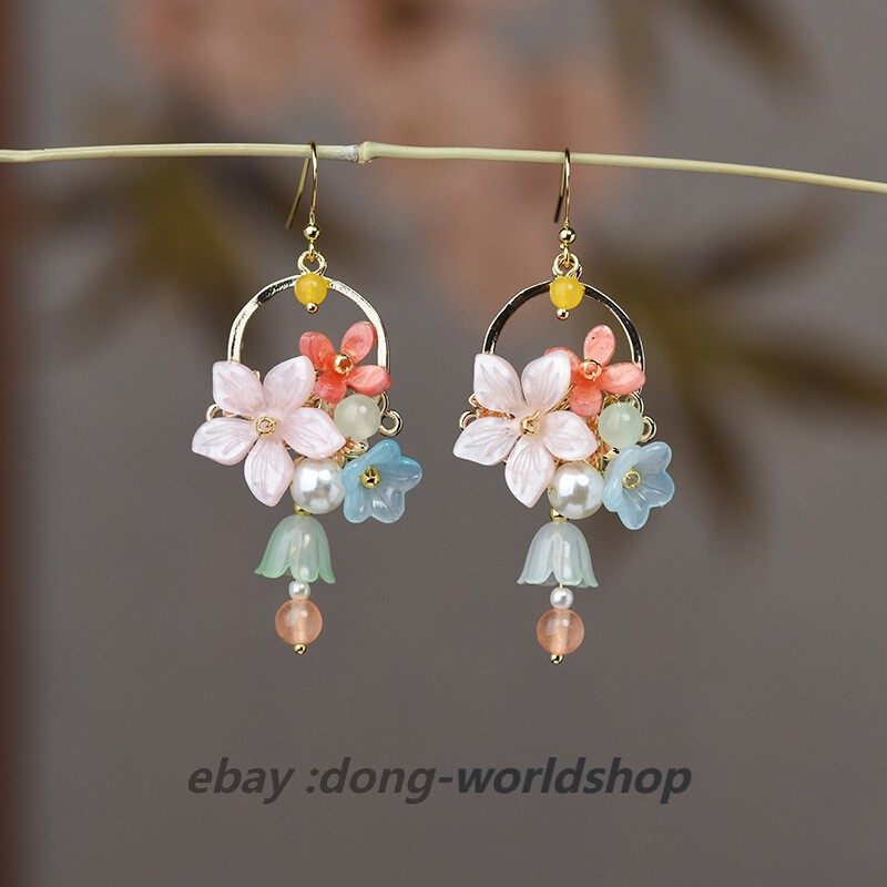 China Agate/Coloured Glaze Gild Flower Small Bell Tibetan Style Earbob Earrings