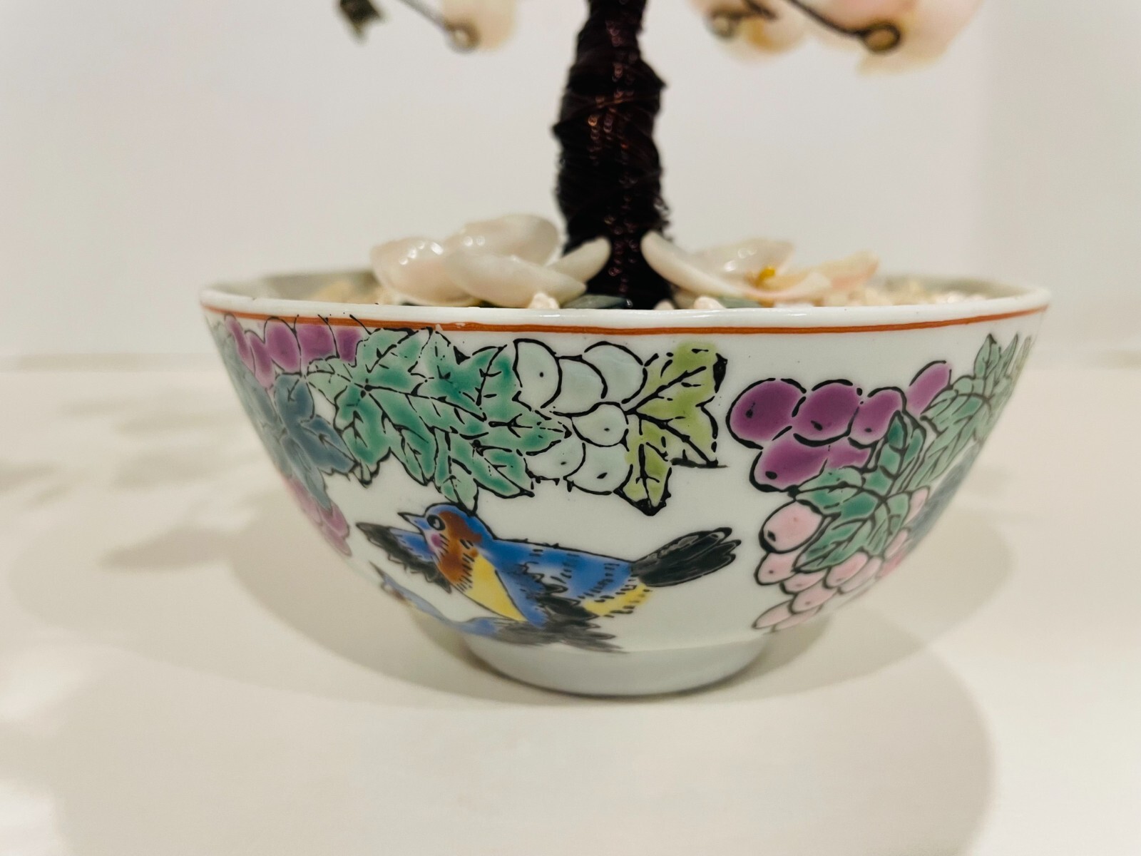 Chinese Pink Seashell & Green Glass 8″ Bonsai Tree in Cloisonné Pot