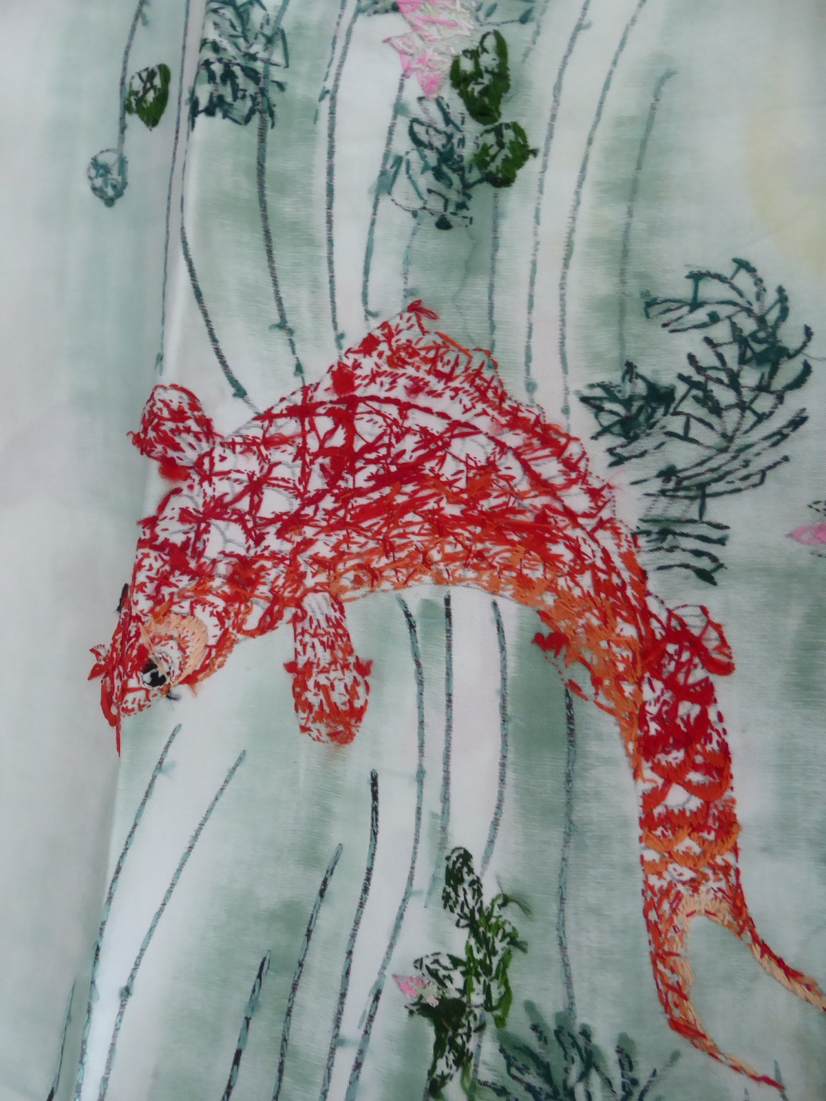 Vintage Chinese Embroidered Silk 3 Carps Panel Cover 14.5″x23″