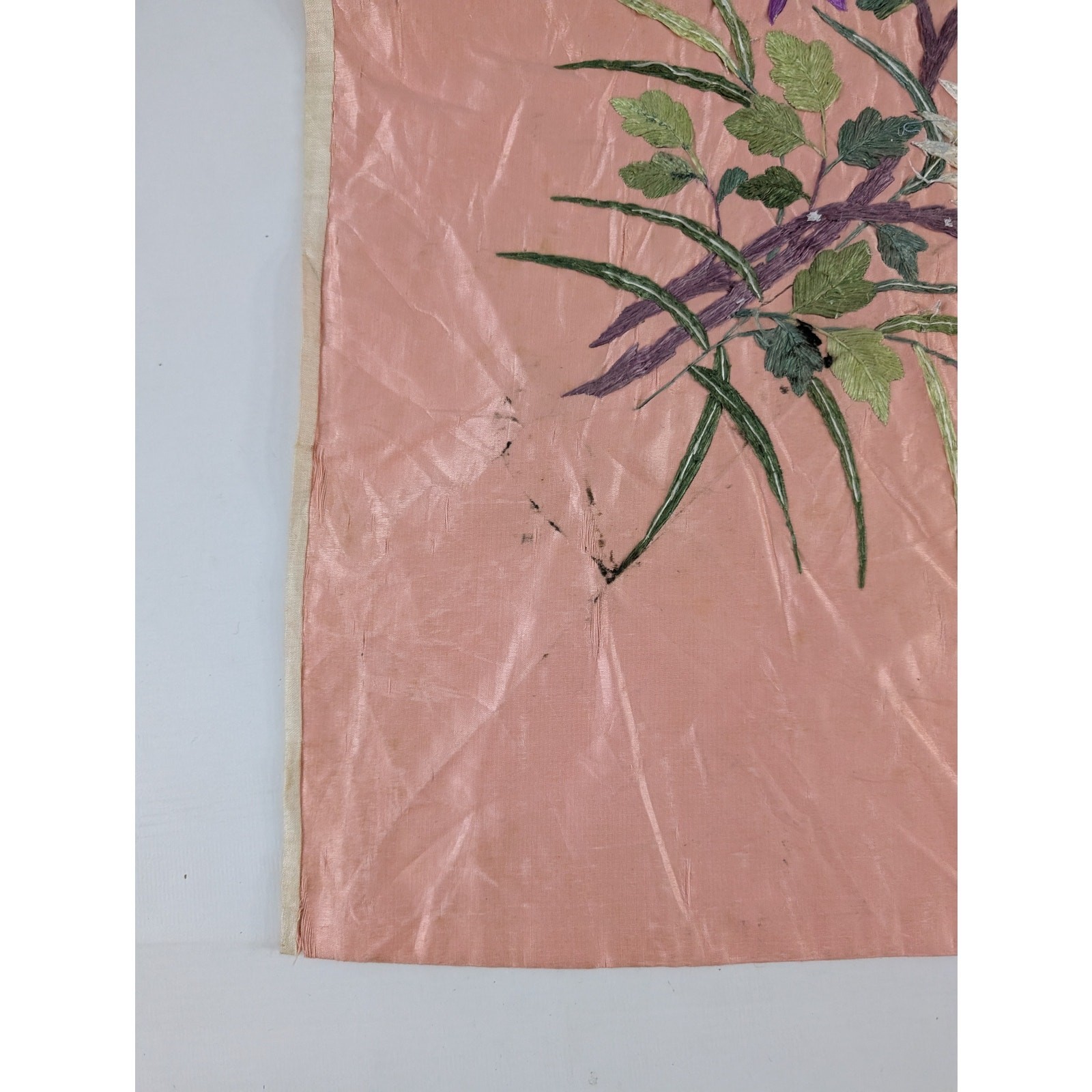 Vintage Chinese Hand Embroidered Floral & Butterfly Silk Textile 23x18in