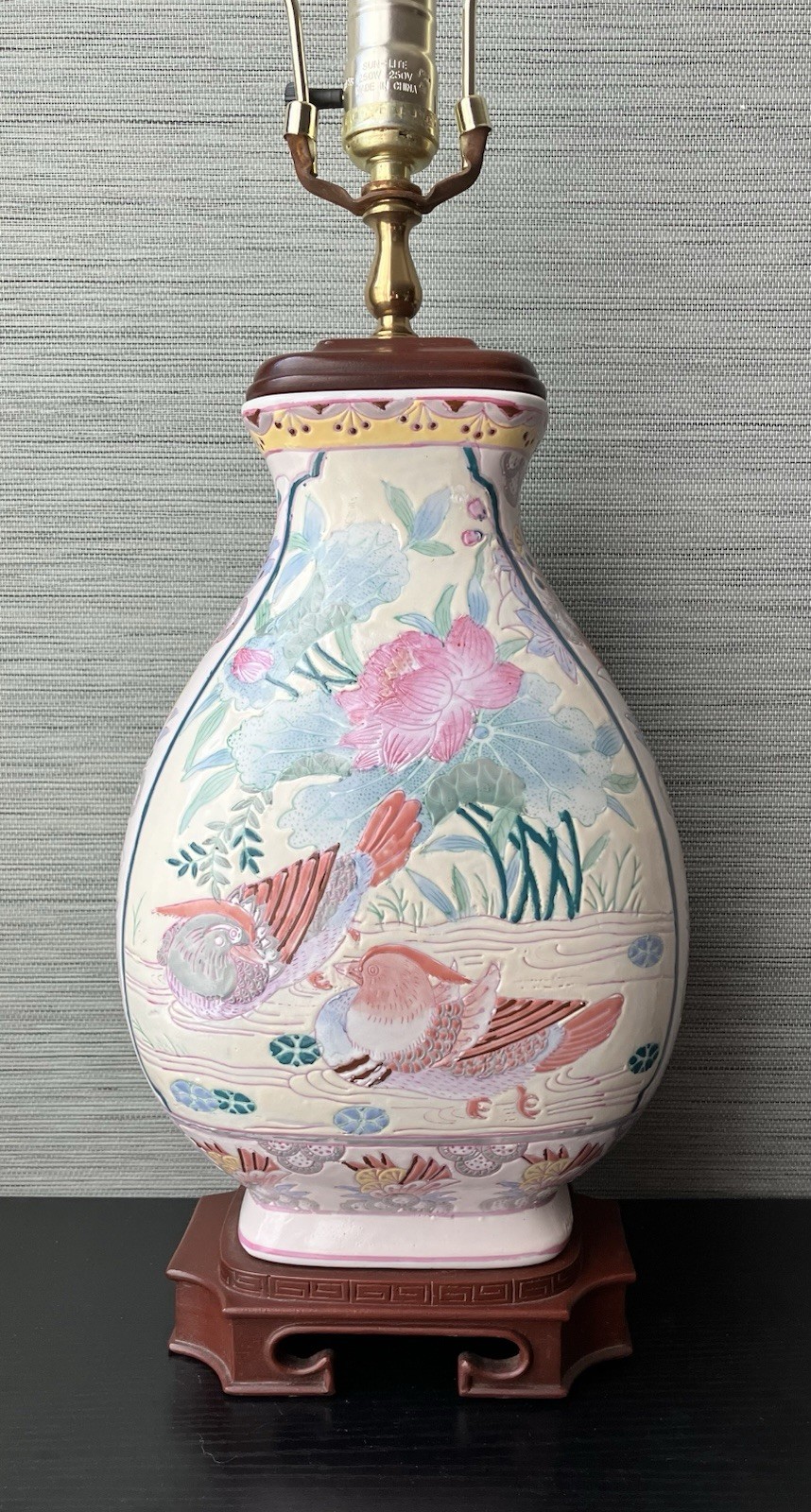 Vintage Chinese Porcelain Vase Lamp, Pink Chinese Mandarin Duck Design, Working
