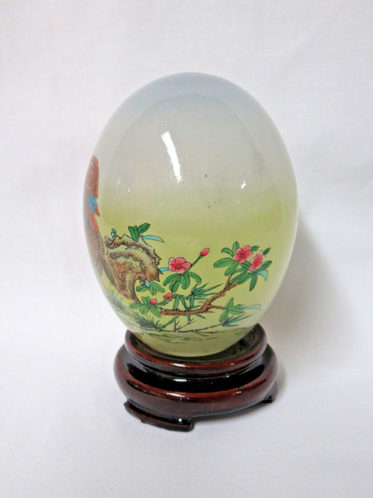 VINTAGE ORIENTAL ASIAN REVERSE HAND PAINTED GLASS EGG & STAND IN ORIGINAL BOX
