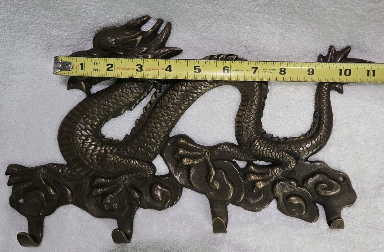 Vintage Chinese Brass Dragon Mounted Wall Hanger w/Hooks Solid Metal 12.5″×8″