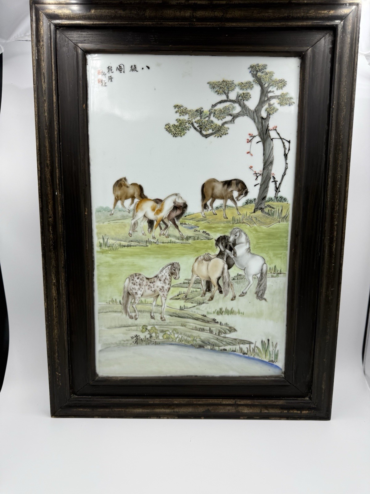 Chinese Hand Painted Porcelain Plaque Eight Horses Framed Wall Art Vintage