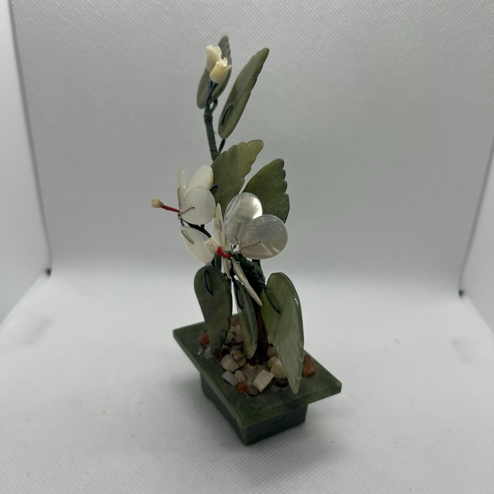 Sweet Small Asian Mother of Pearl & Jade Bonsai Tree Figure in Celadon Green Pot
