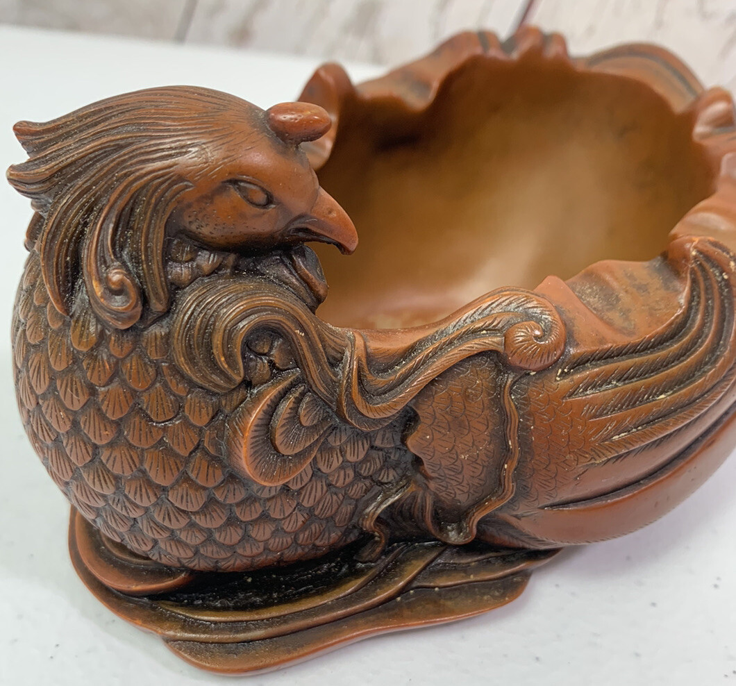 Vintage Chinese Boxwood Hand Carved Peng Bird Ashtray Trinket Box