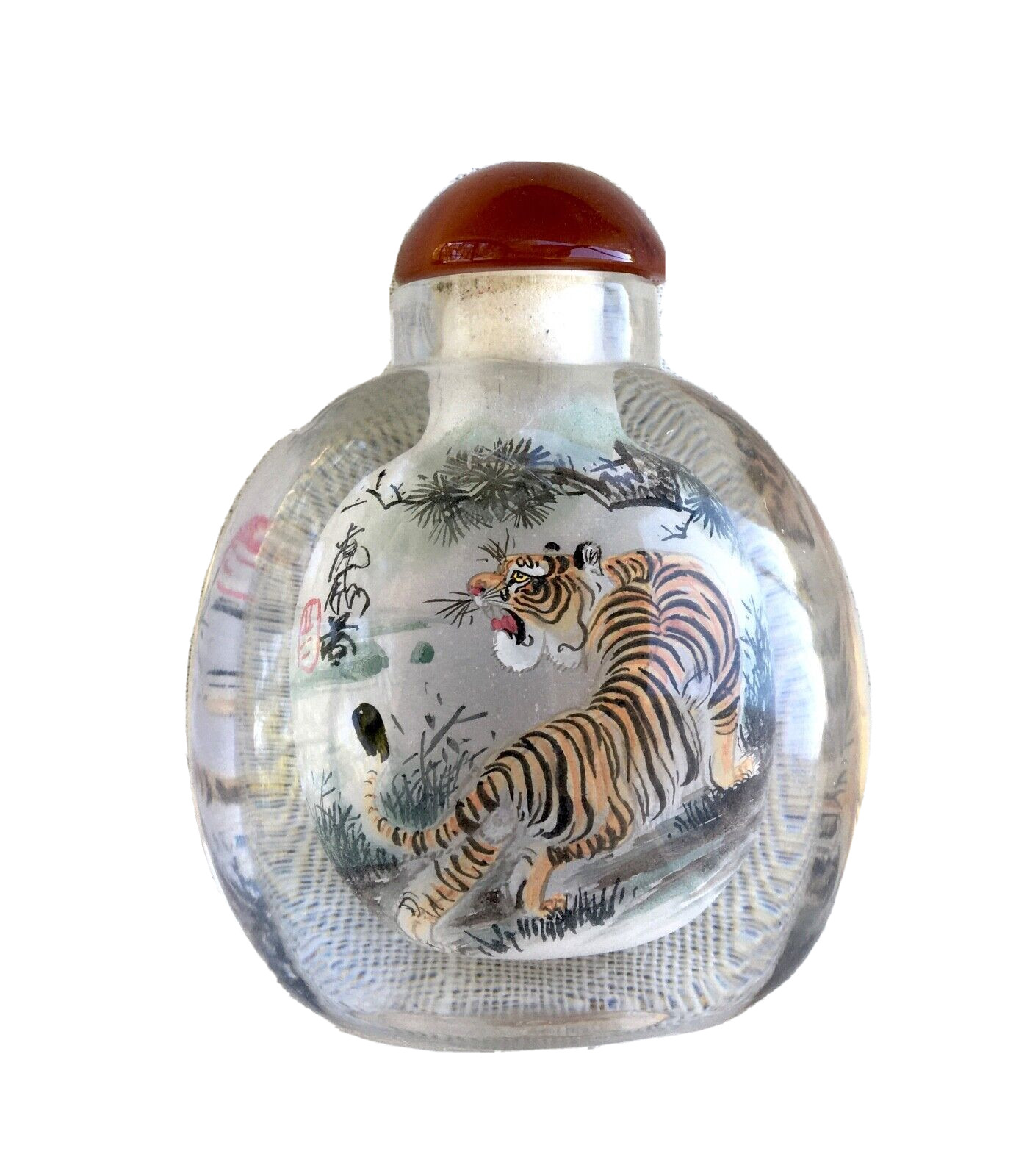 Vintage Original ‘Turning Tiger’ Hand Carved Crystal Snuff Bottle, 2-7/8″Tall