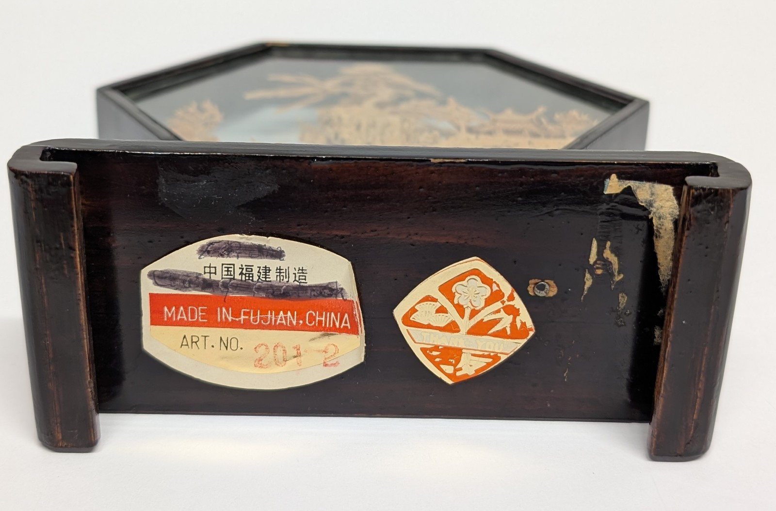 Vtg. Chinese 3-D Hand Carved Cork Diorama Hexagon Framed Art Crane Pagoda Trees