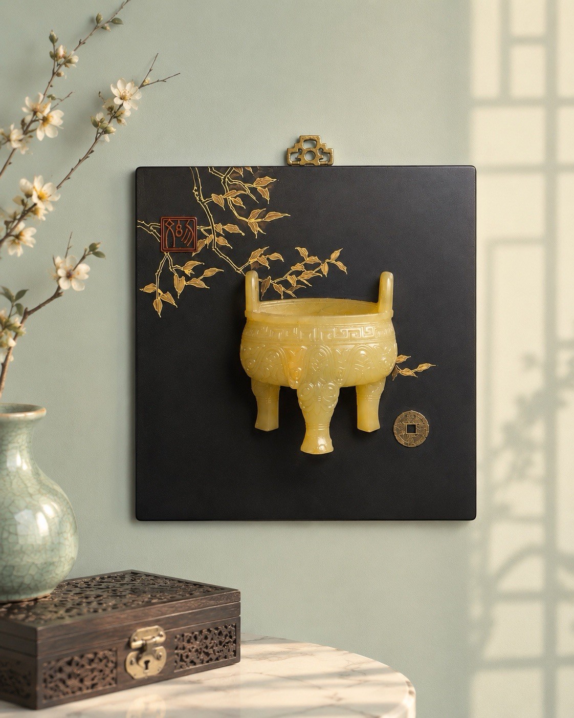 Chinese 1960s Black Lacquer Wall Panel Carved Shoushan Stone Ding Qianlong Coin