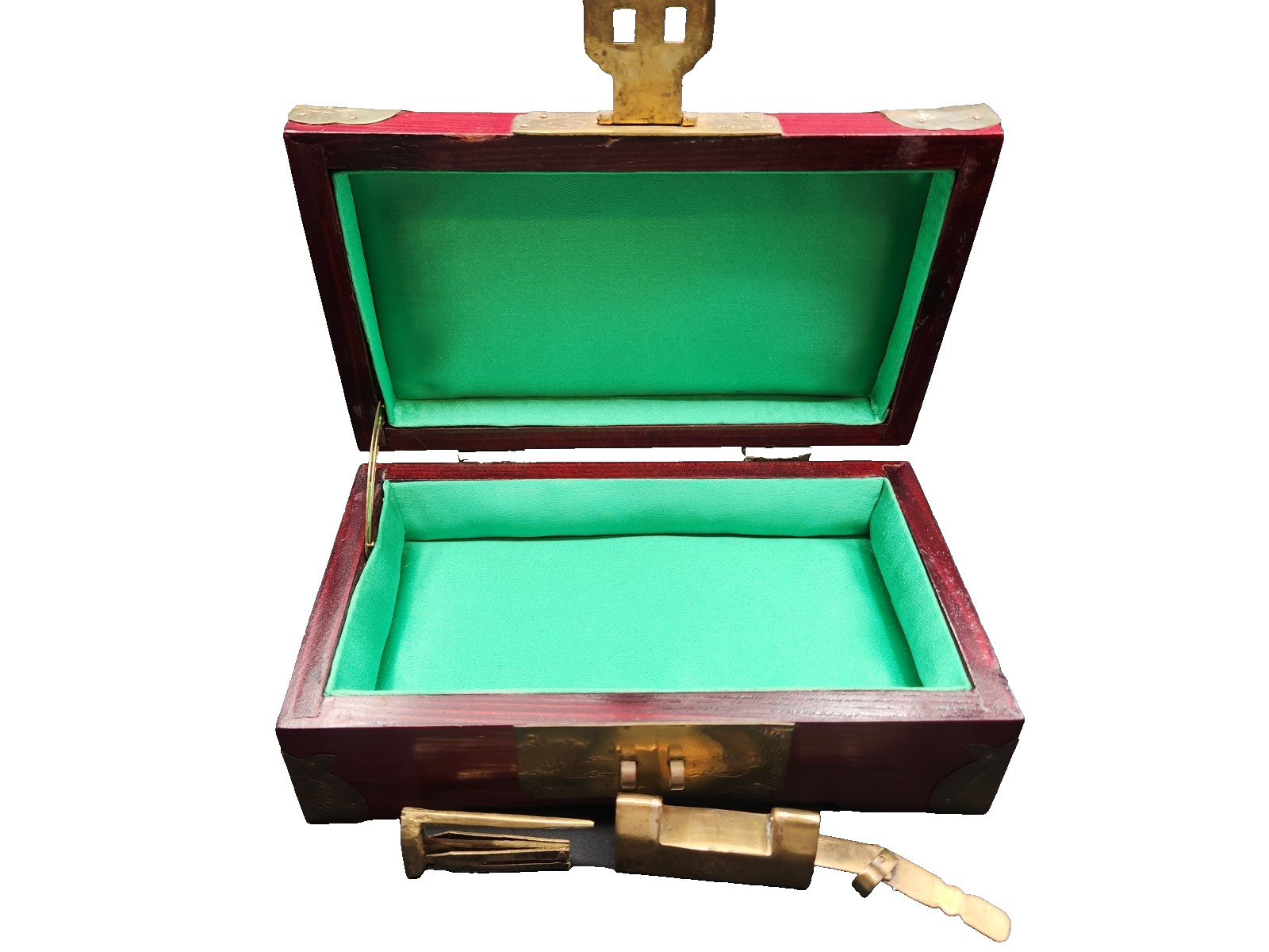 Wood & Brass Locking Box Shanghai China W/Lock & Key Jewelry Trinket – Vintage