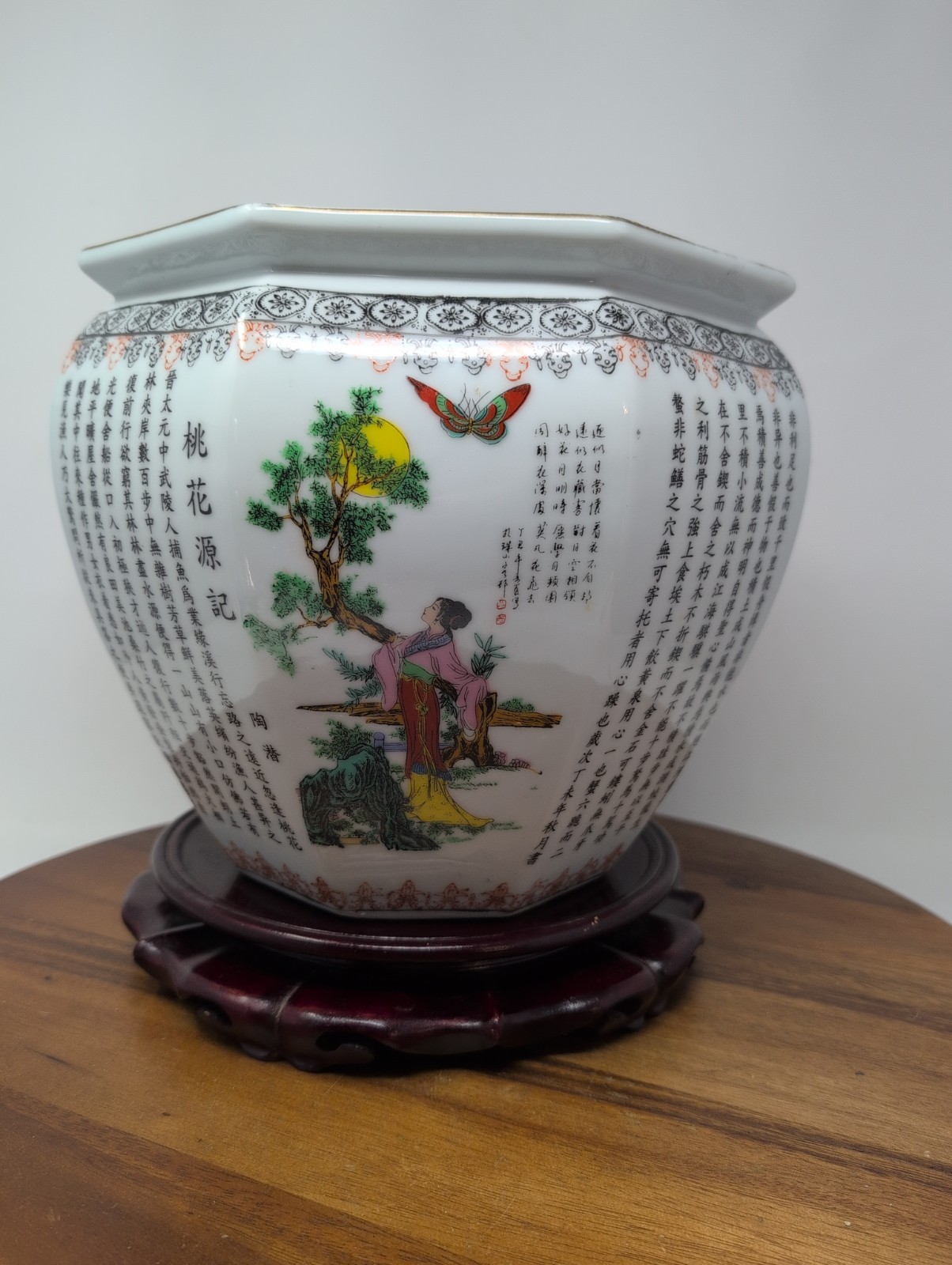 Asian Hexagonal Porcelain Planter 9.25″ By 9″ Tall Women Butterflies Calligraph