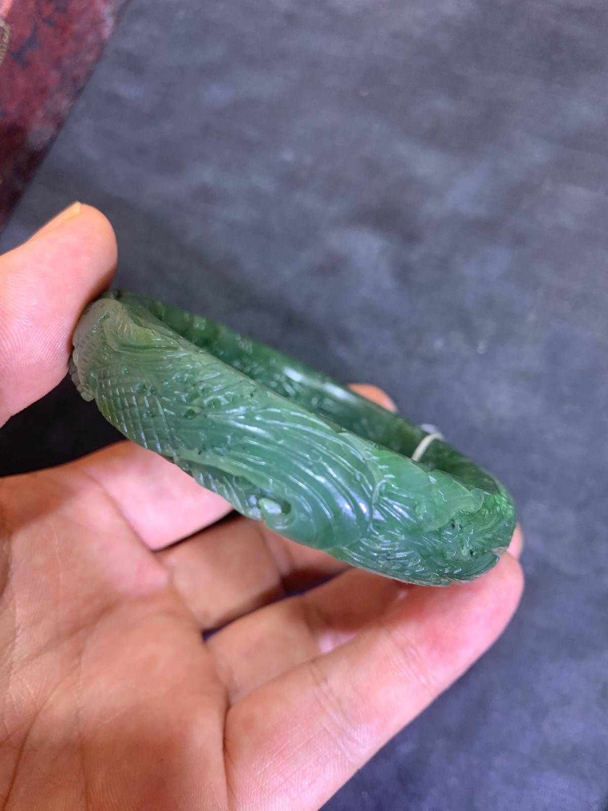 Rare Chinese HeTian Green Jade Hand Carved *Phoenix/Flower* Bangle Bracelet