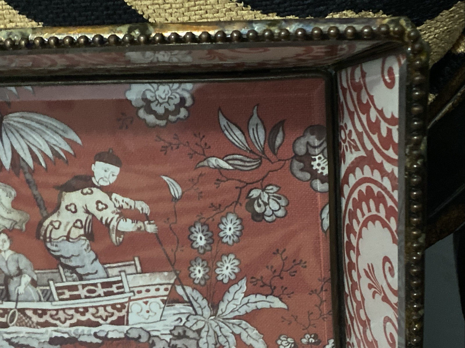 Vintage Chinoiserie Leaded glass Tray Chinese Culture Designs Reddish Pink