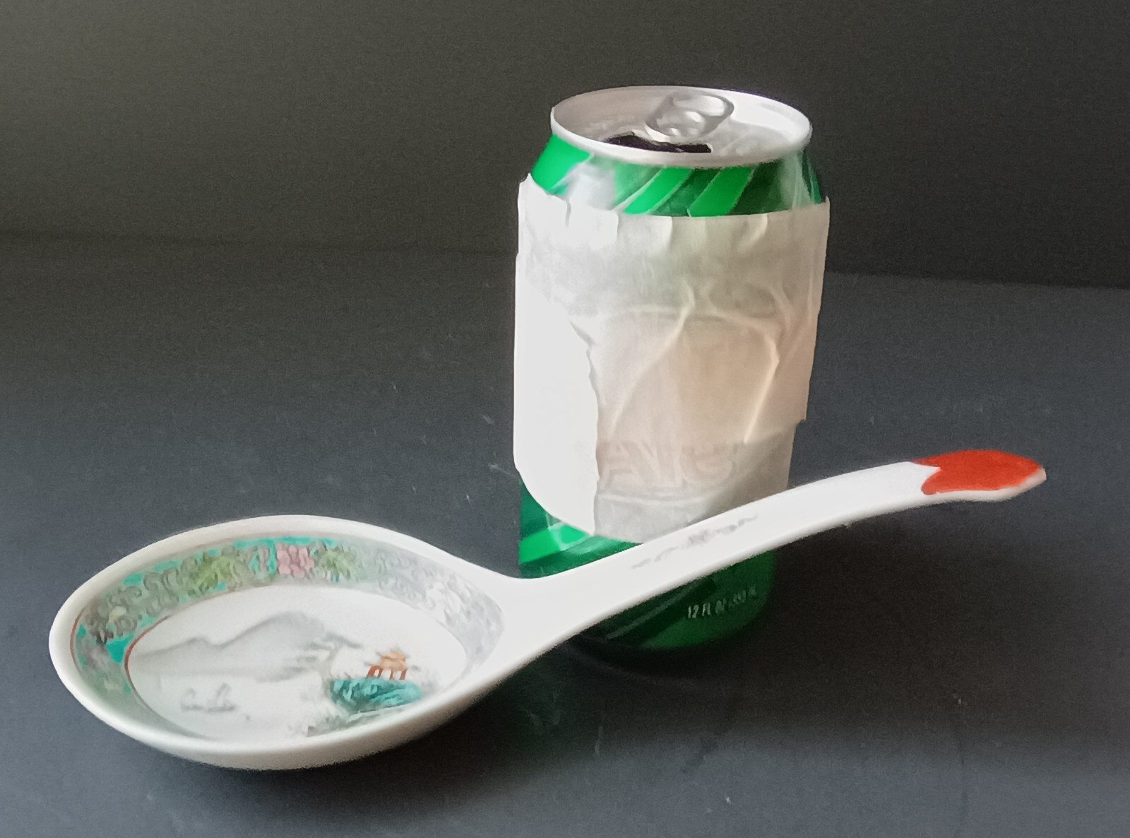 Large Vintage Chinese Hand Painted Porcelain Serving Spoon, Turquoise, Marked