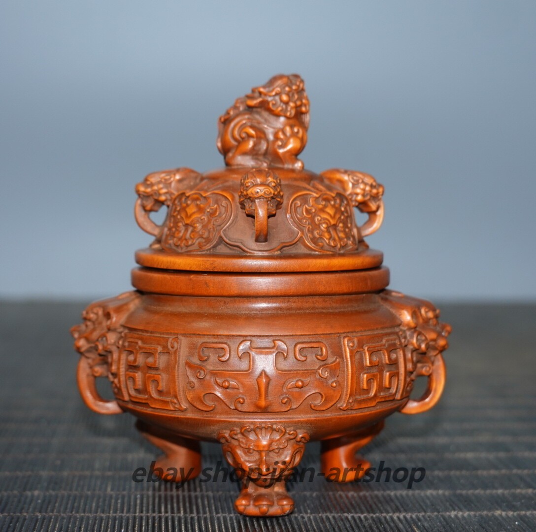 4″ Collect China Box-wood Carving Animal Foo Fu Dog Guardion Lion Incense Burner
