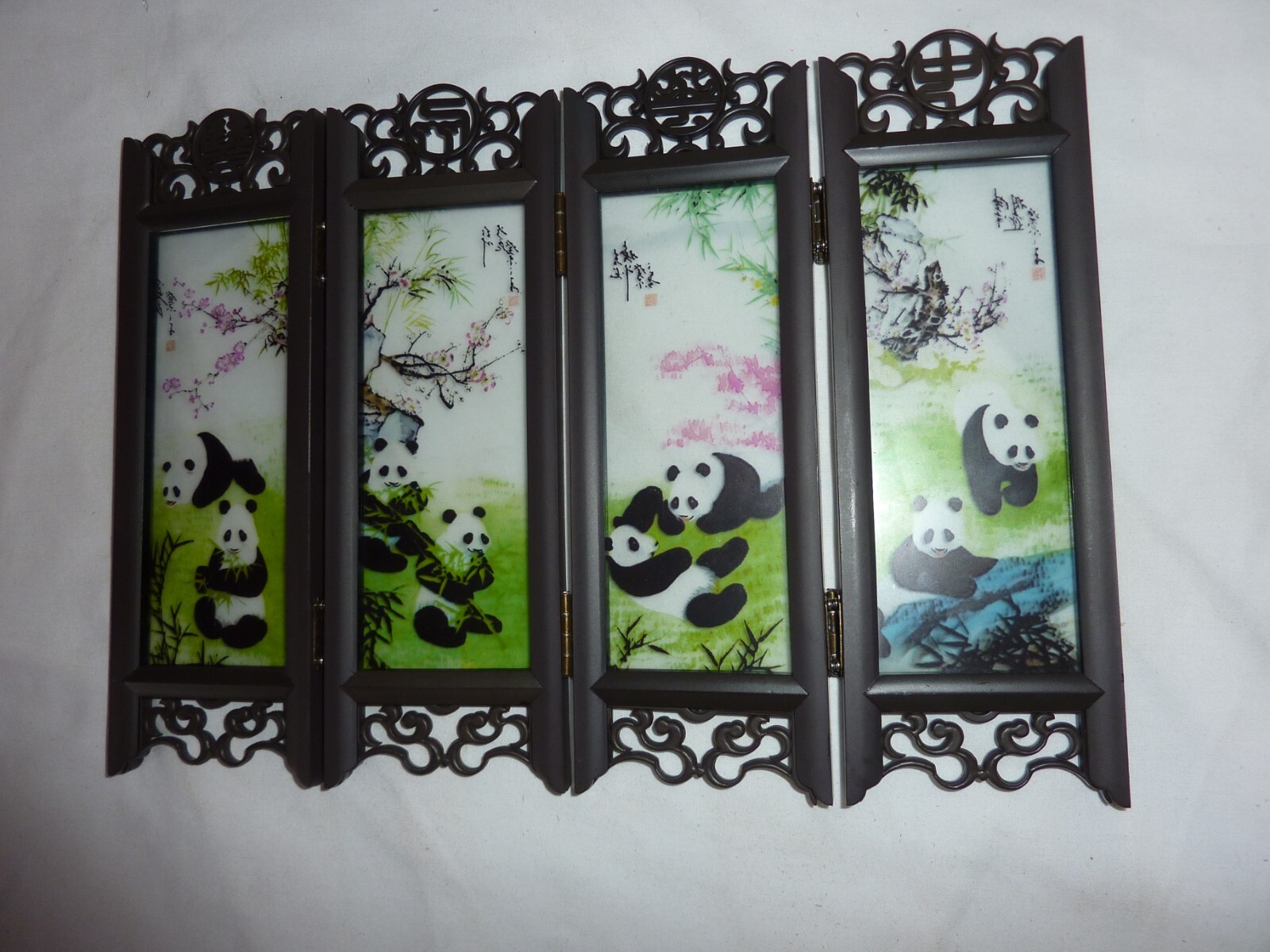 VTG Chinese 4-Panel Ornate Folding Tabletop Screen Panda Pandas On Painted Glass