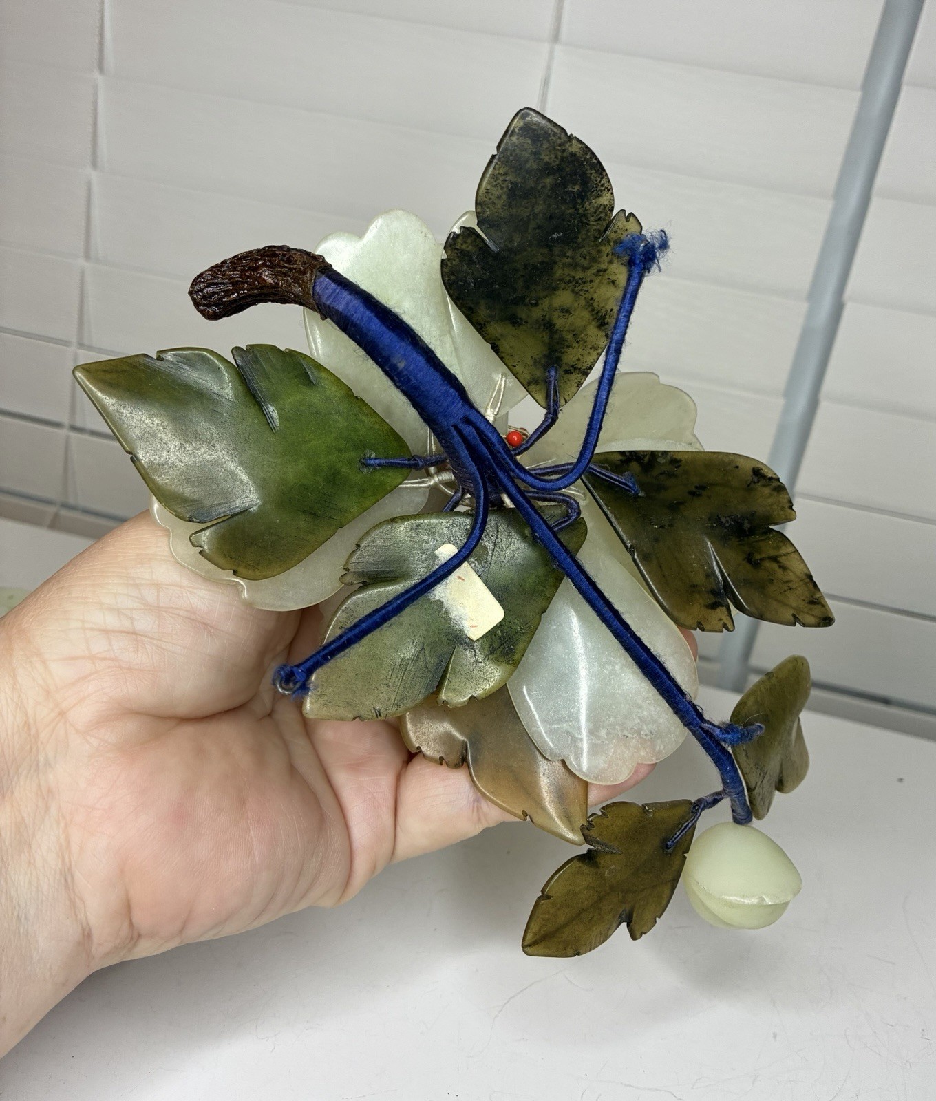Vintage Chinese Hand Carved Jade Lotus Flower Candle Holder Centerpiece Set of 2
