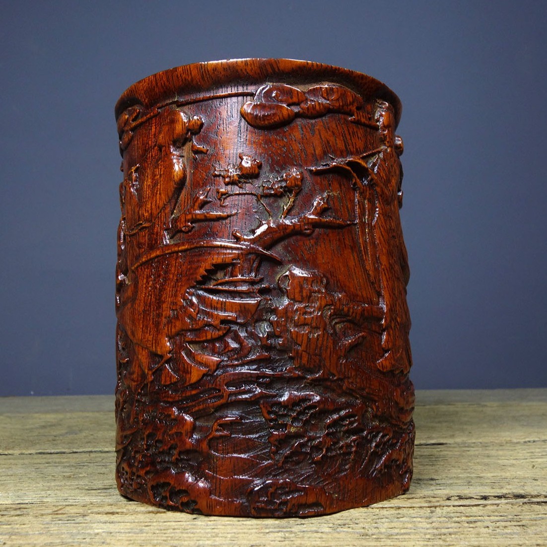 Vintage Rosewood Brush Pot, Hand-Carved Eight Immortals, 14.5cm
