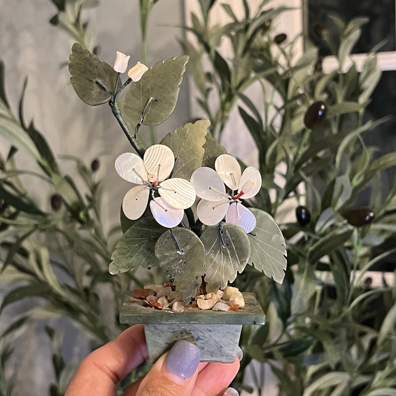 Sweet Small Asian Mother of Pearl & Jade Bonsai Tree Figure in Celadon Green Pot