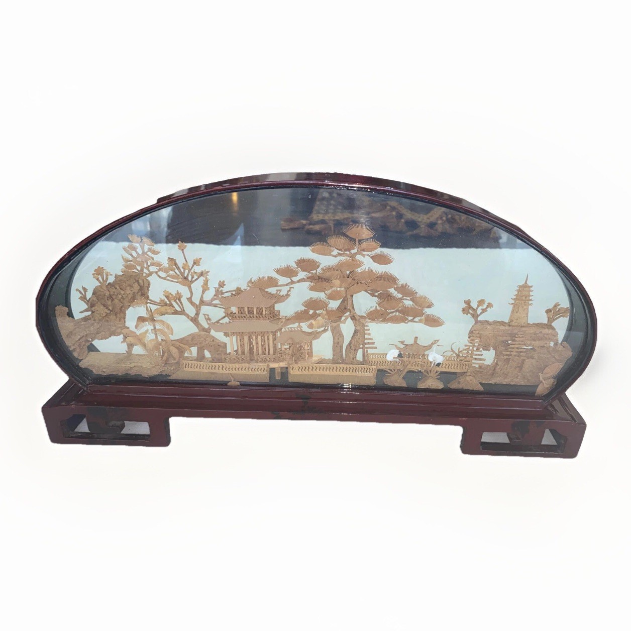 Vintage Large Chinese Cork Art In Glass Box Birds Garden Soothing Scenery 14” L