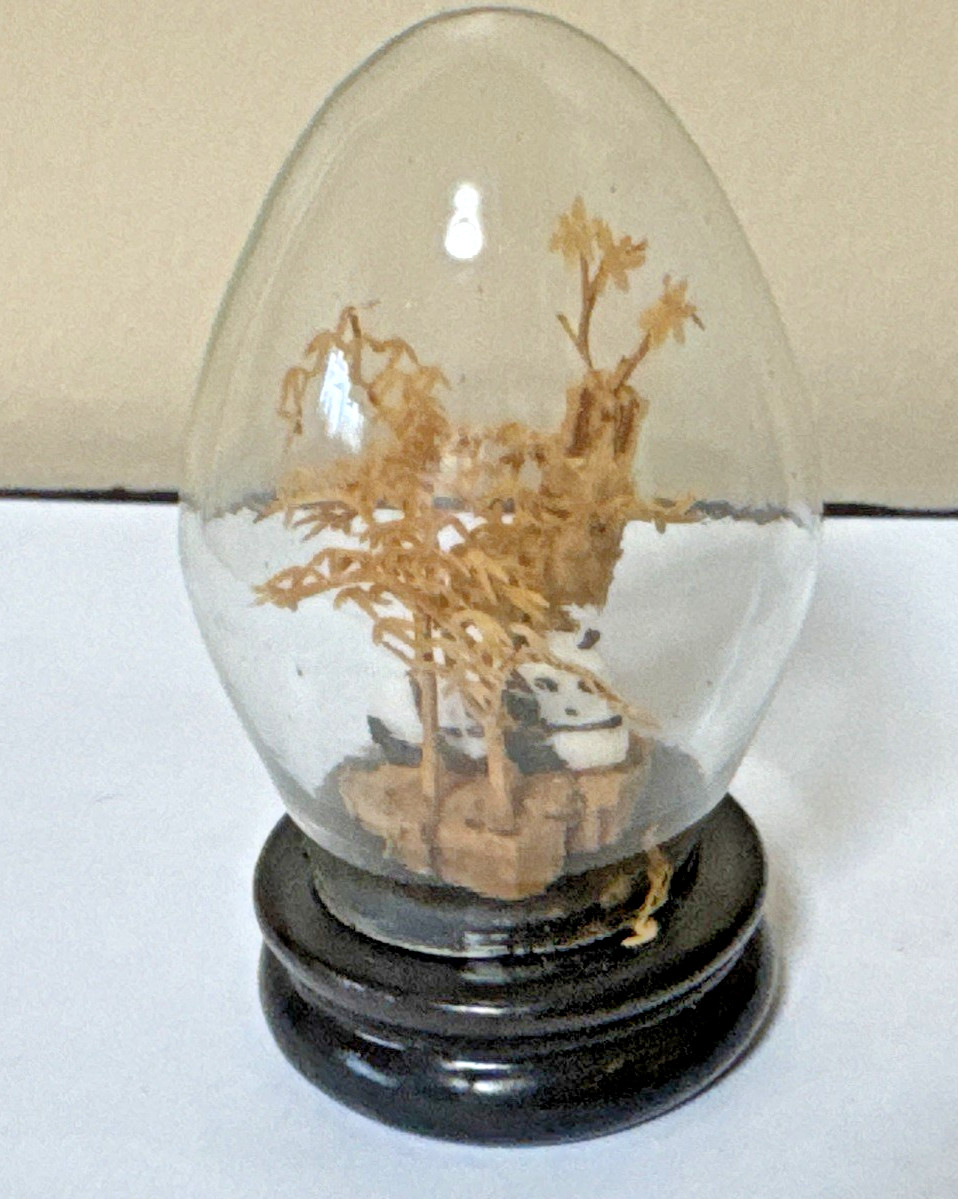 SAN YOU Cork Diorama Pair Of Pandas Under Egg Shape Glass Dome on wood base 3”H