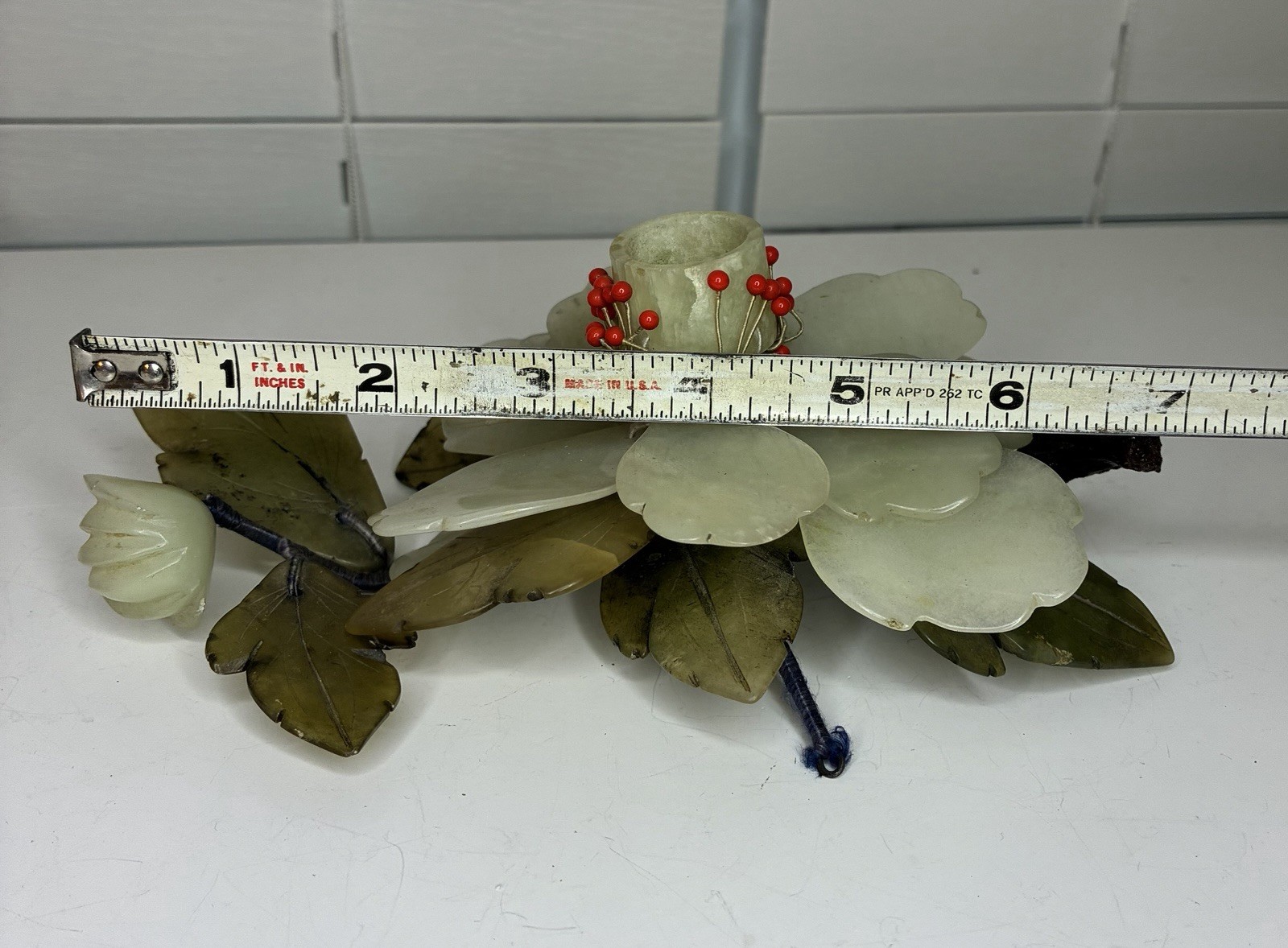 Vintage Chinese Hand Carved Jade Lotus Flower Candle Holder Centerpiece Set of 2