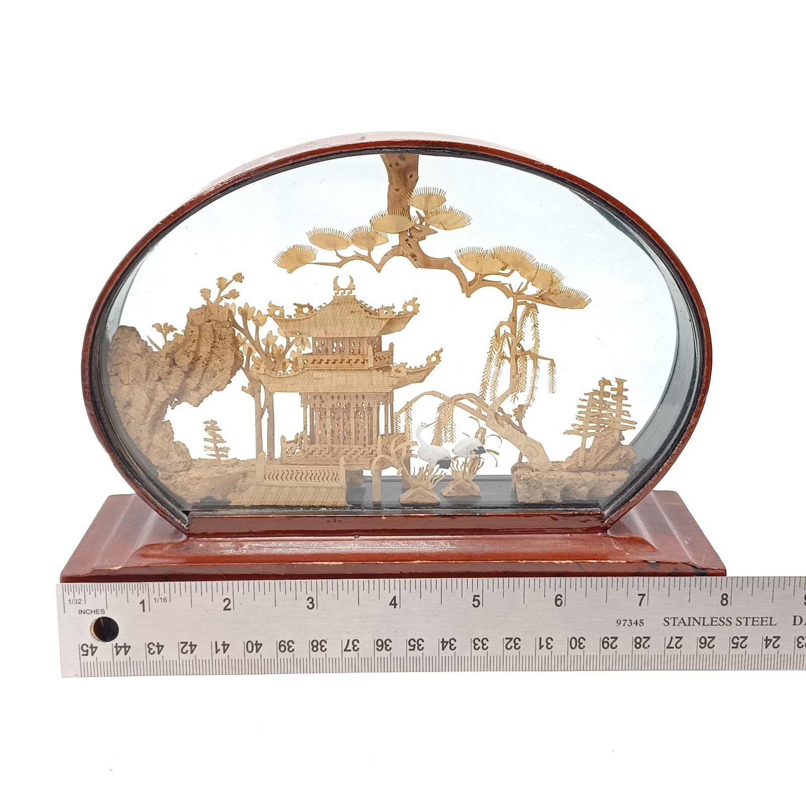 Vintage Chinese Cork Diorama with Pagoda, Intricate Carved Natural Scene. PO