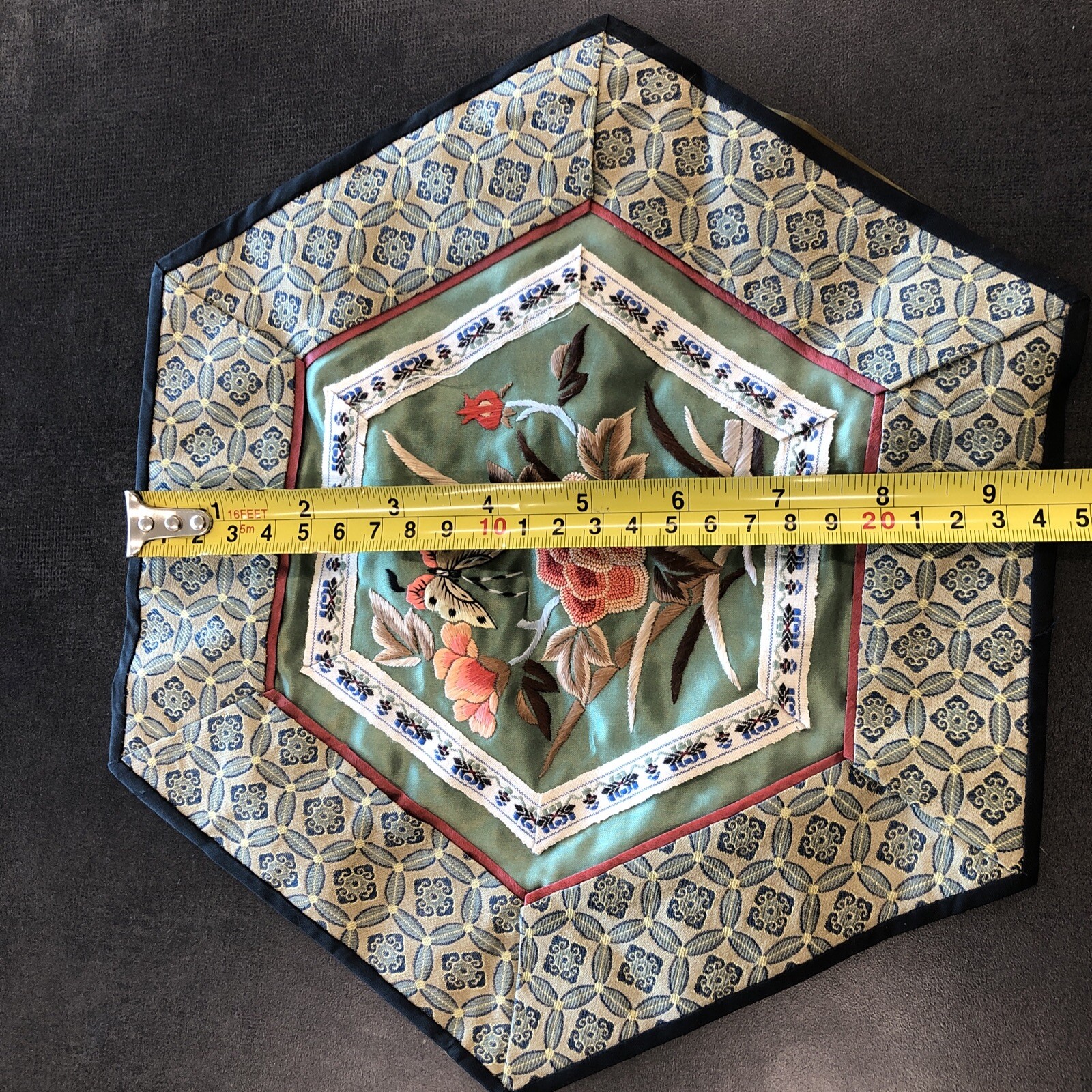 Chinese Silk Hand Embroidered Panel Hexagon 10″ X 11″ Butterfly & Flowers