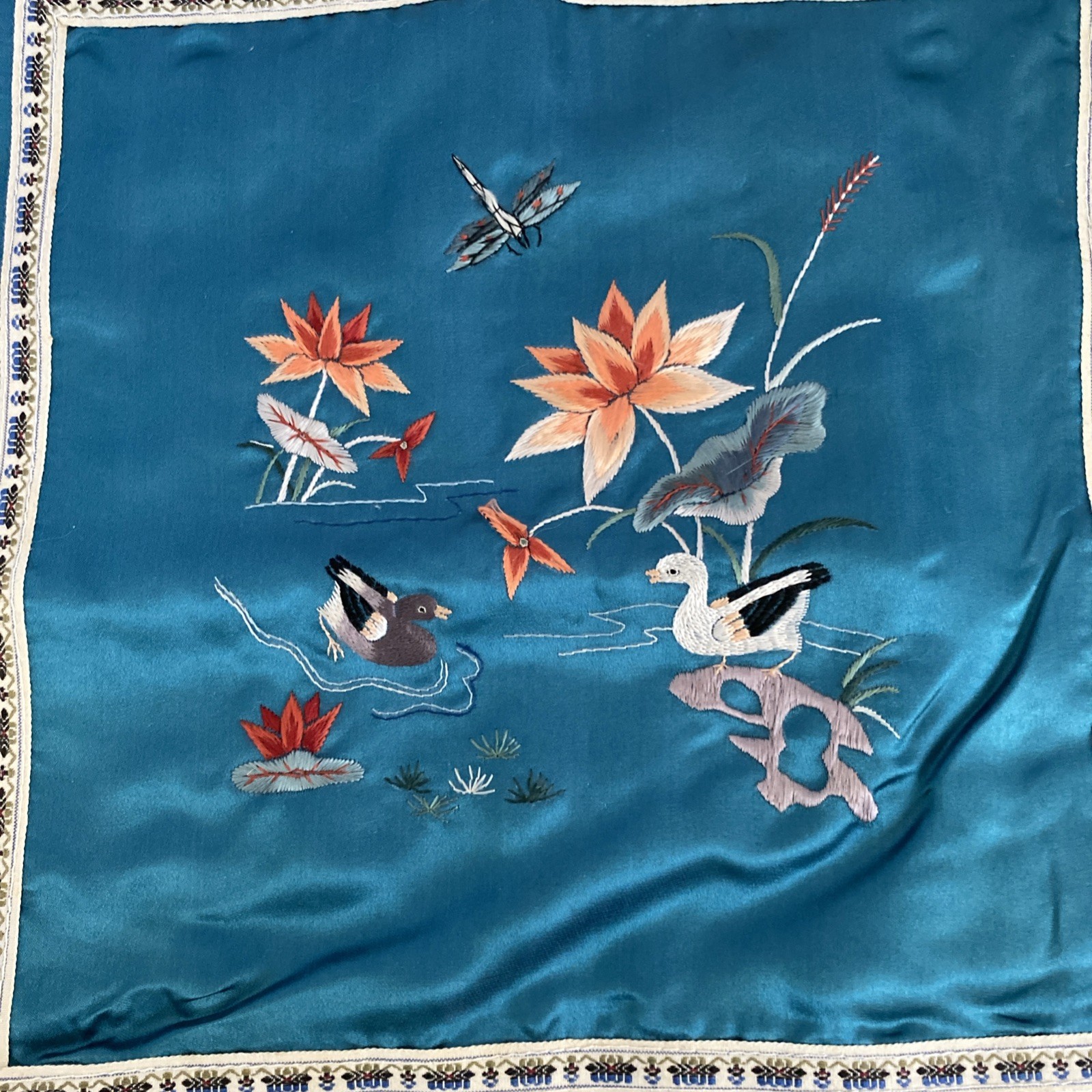 Vintage (1980s) Asian Hand Embroidered Silk Pillow Cover Duck Flower Dragonfly