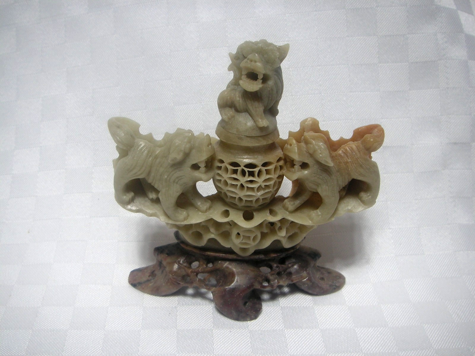 VINTAGE, PROBABLY CHINESE, SOAP STONE INCENSE BURNER WITH FOO DOGS, CARVINGS