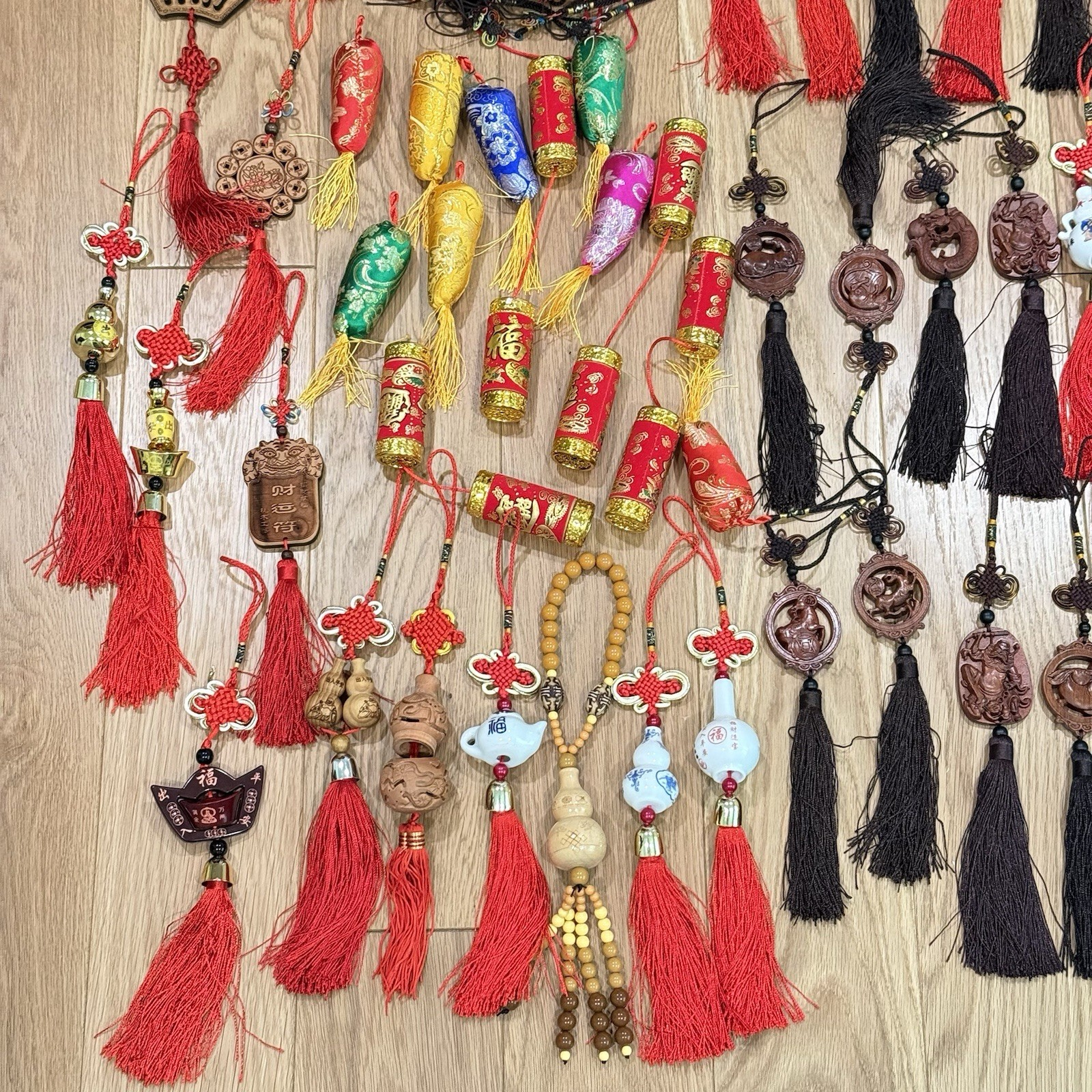 LOT OF Chinese Asian Good Luck Wall Hanging Wood Carve Porcelain Ornament Tassel
