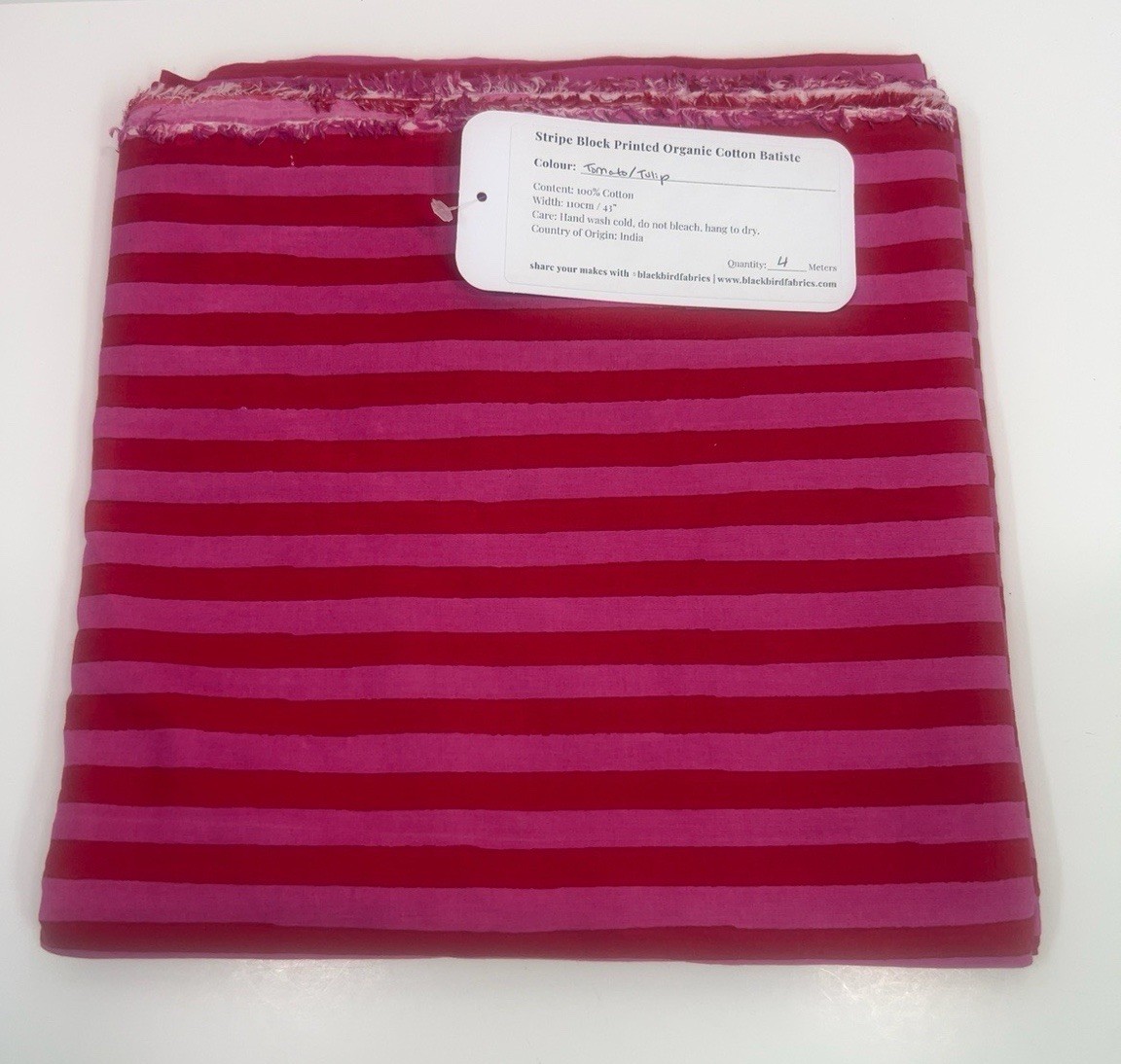 Blackbird Fabrics Organic Cotton Batiste Stripe Block Print 4M Tomato/Tulip 43”