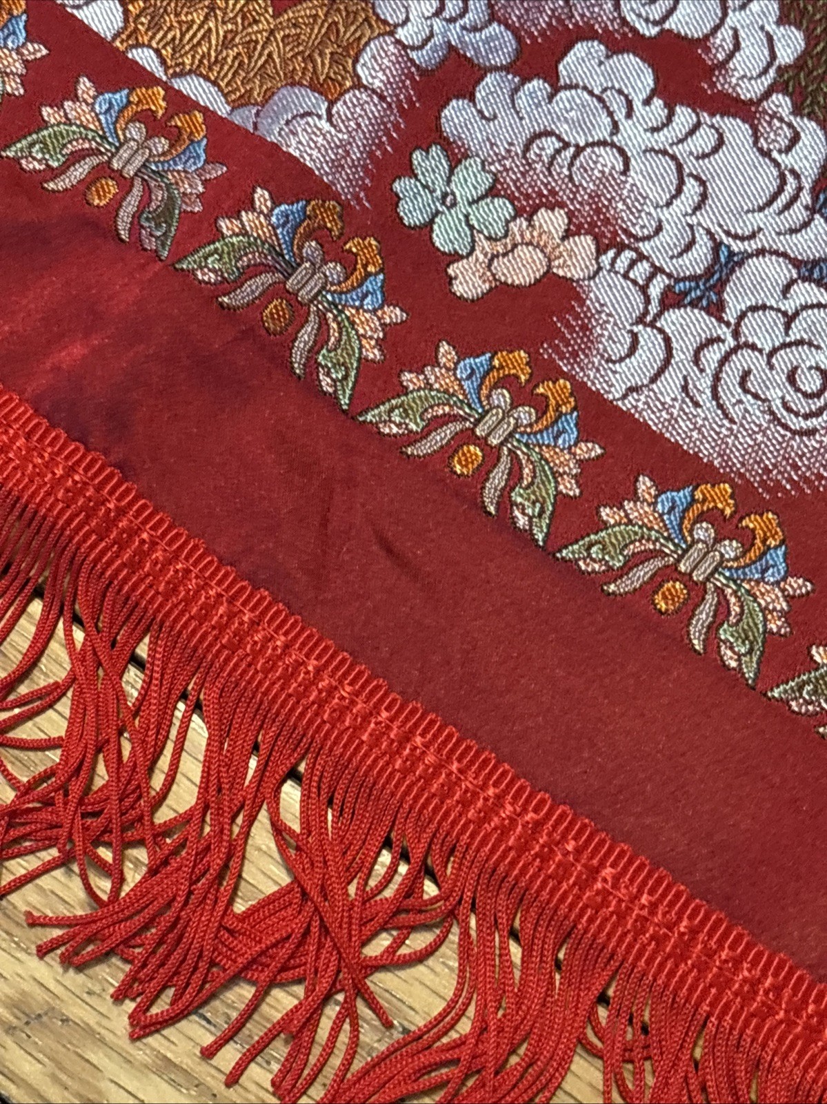Vintage Chinese Silk Brocade Tablecloth fringe Tapestry Embroidery 38” x 37”