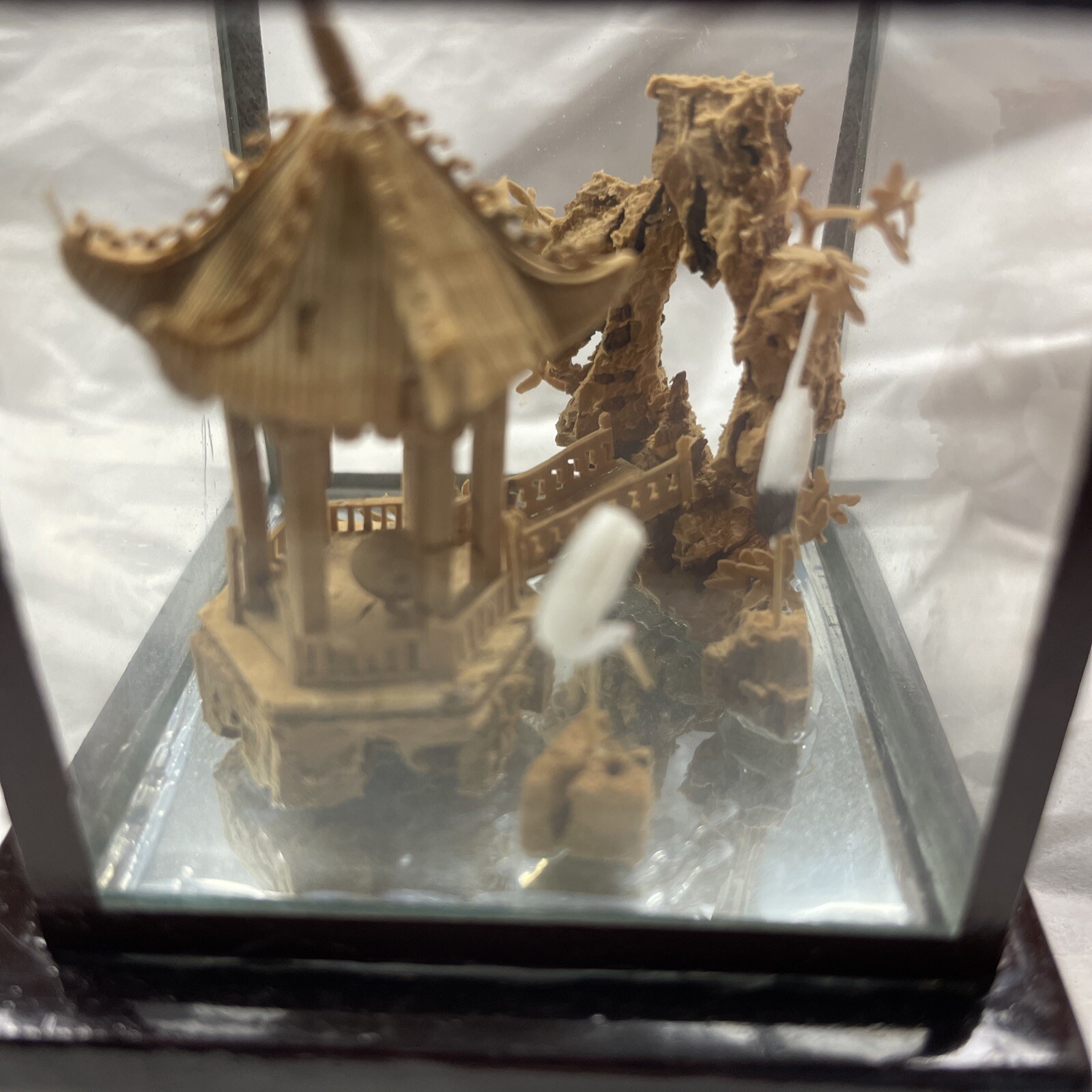 Vintage Chinese Micro Wood/Cork Carving Pagoda Trees Arbor Cranes/Original Box