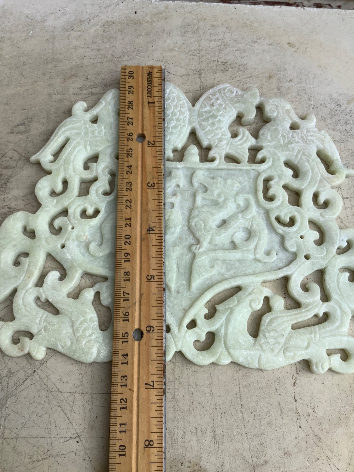 9.5″ Chinese OLD HAND CARVED JADE GREEN ONYX Plaque DRAGONS PHOENIX FISH
