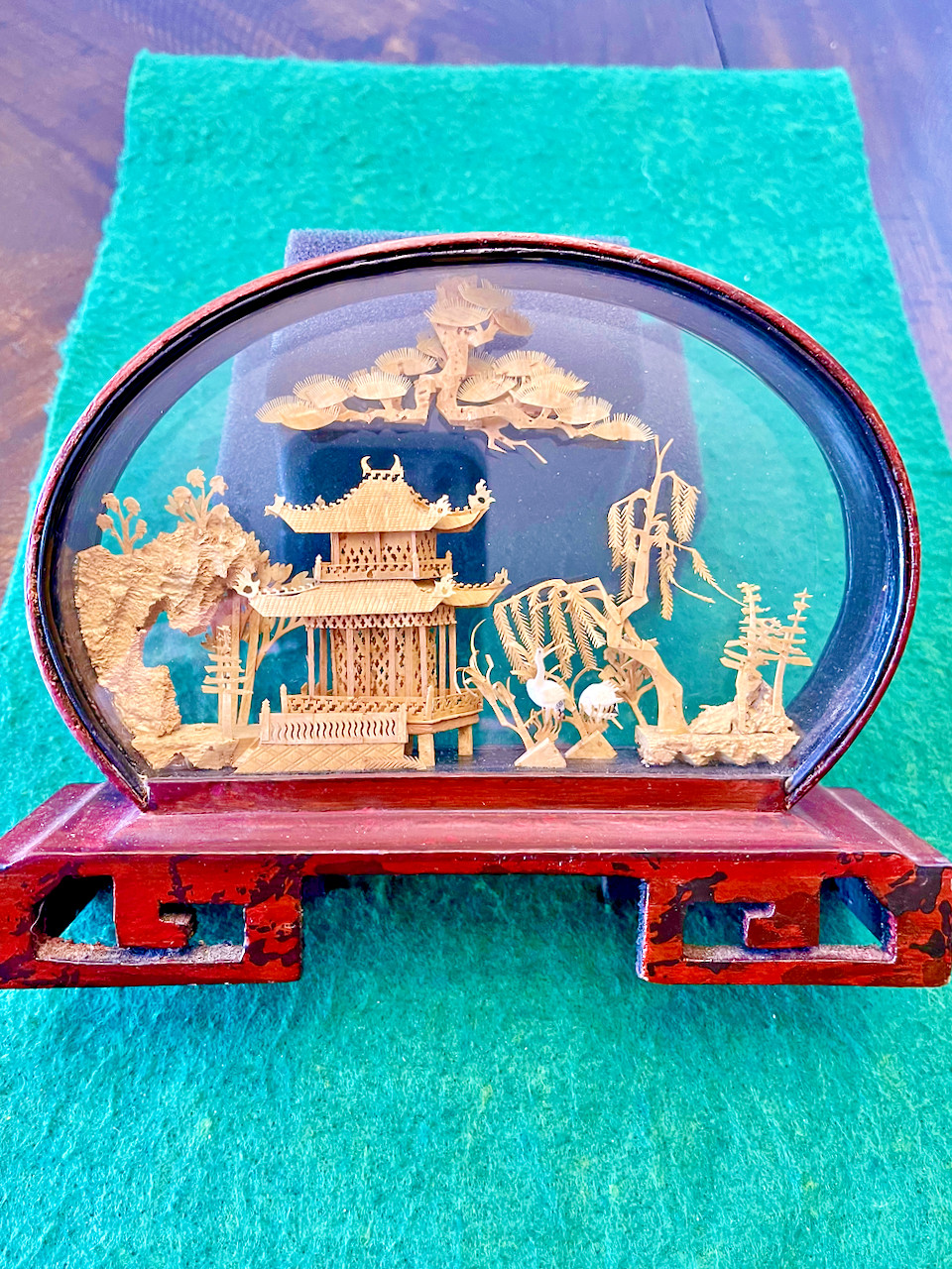 Vintage Chinese San You Cork Carving Diorama w/Pagod Trees & Cranes Wooden Stand