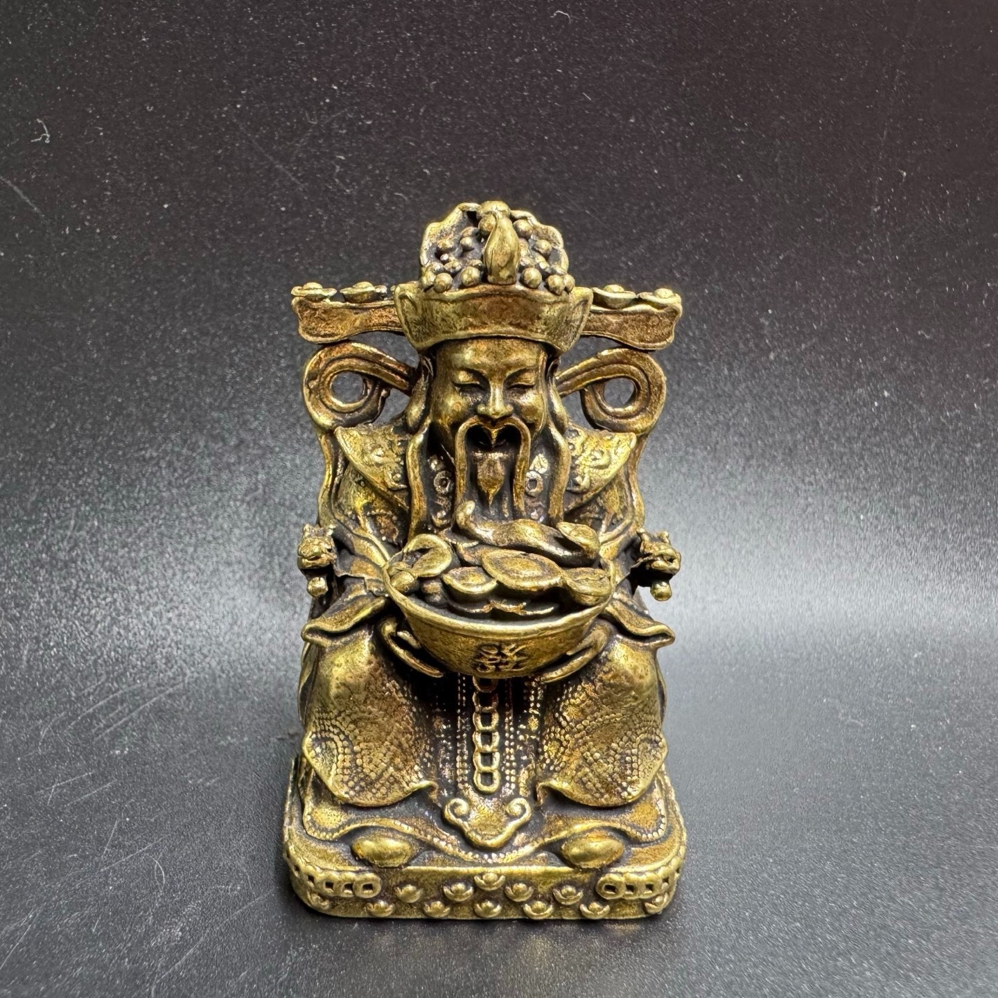 Vintage Brass God of Wealth Mini Statue Holding Gold Ingot Feng Shui Lucky Desk