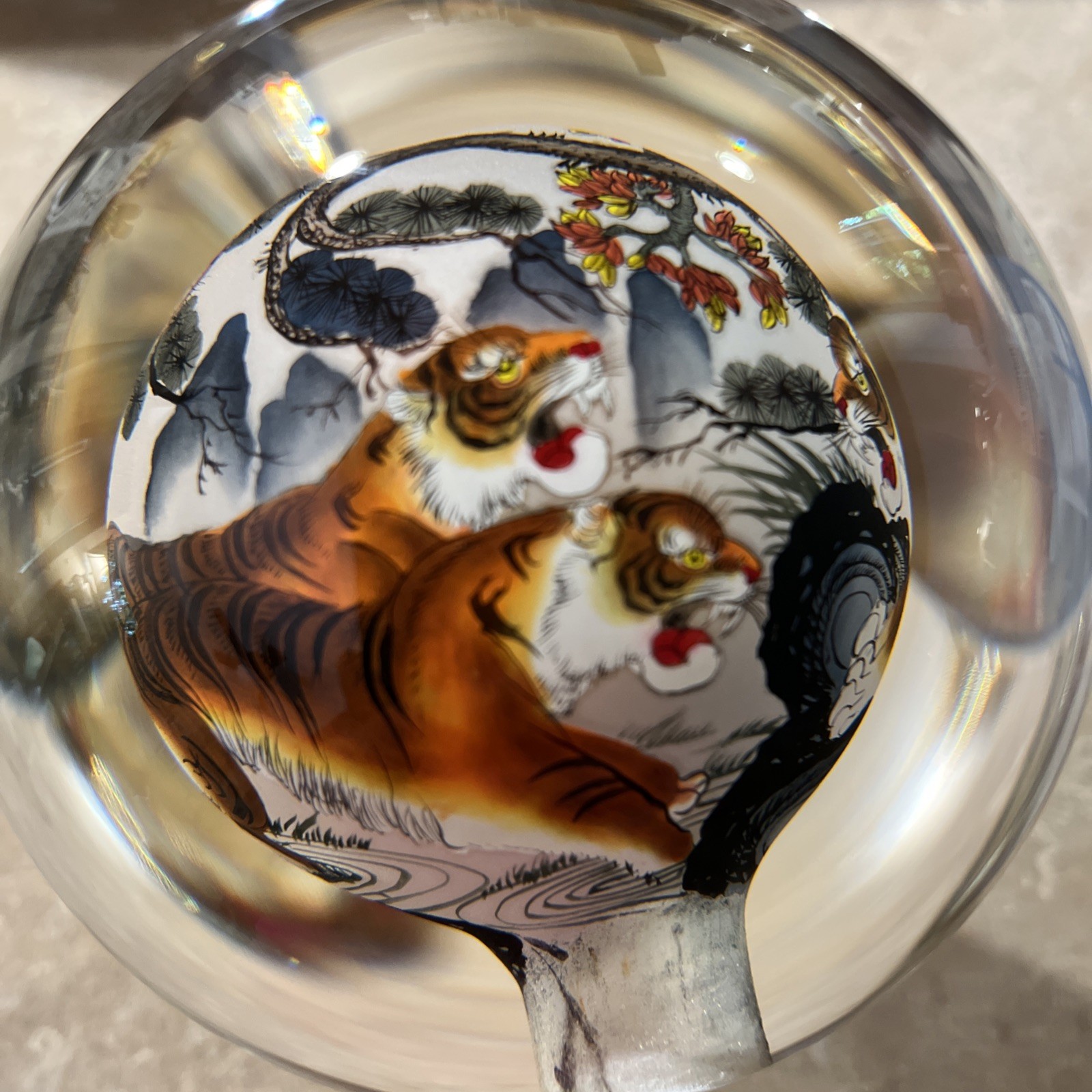 Chinese Glass Globe Five Tigers Inside Painted Reverse Art Lg 4.5in On Gold Base