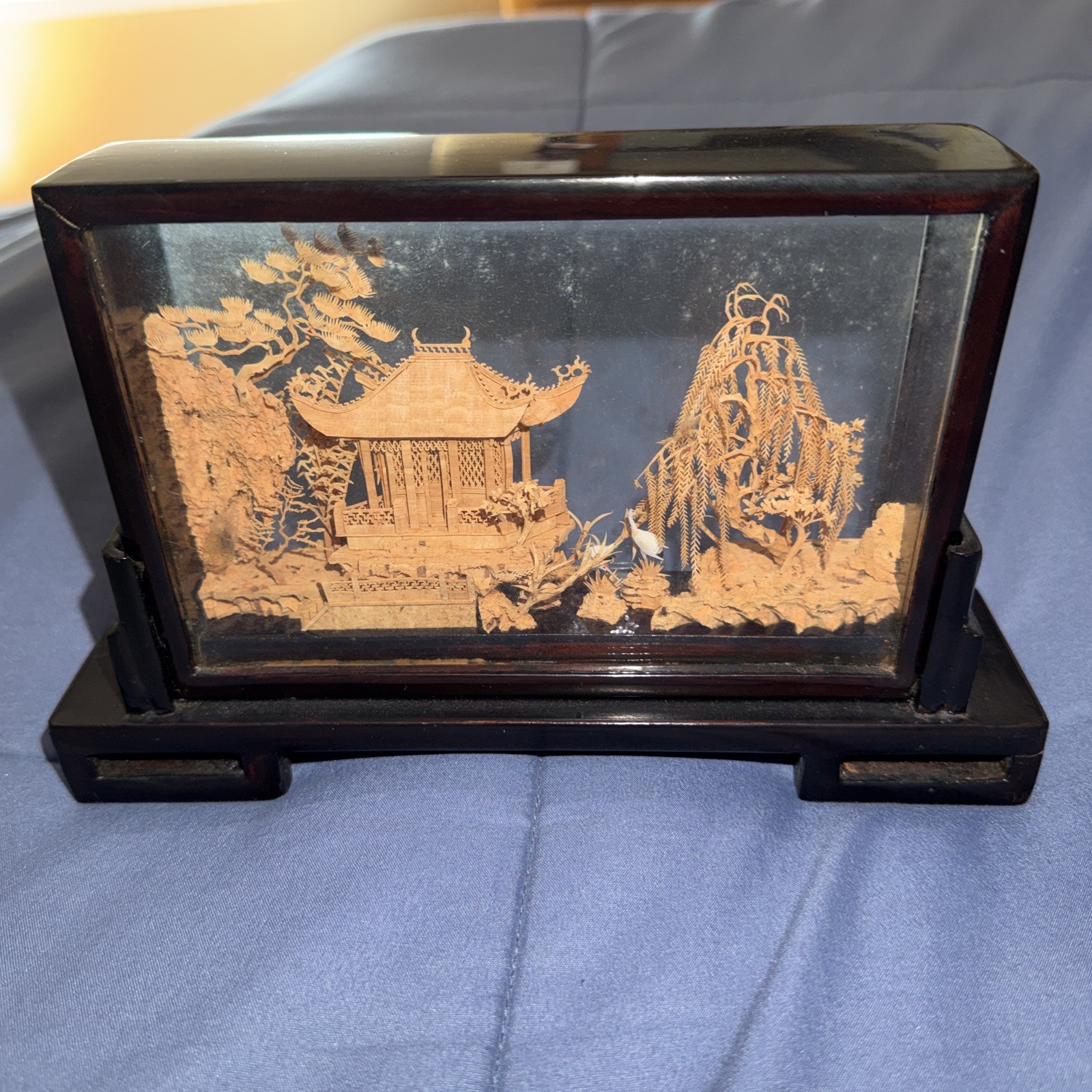 Vintage Chinese San You Cork Art Hand Carved Diorama Pagoda Cranes Trees