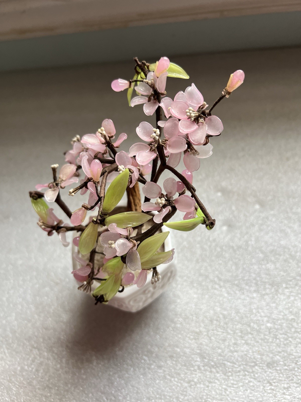 Vintage Jade Glass Bonsai Tree Pink Flowers in Celadon Pot 7.5 x 5”