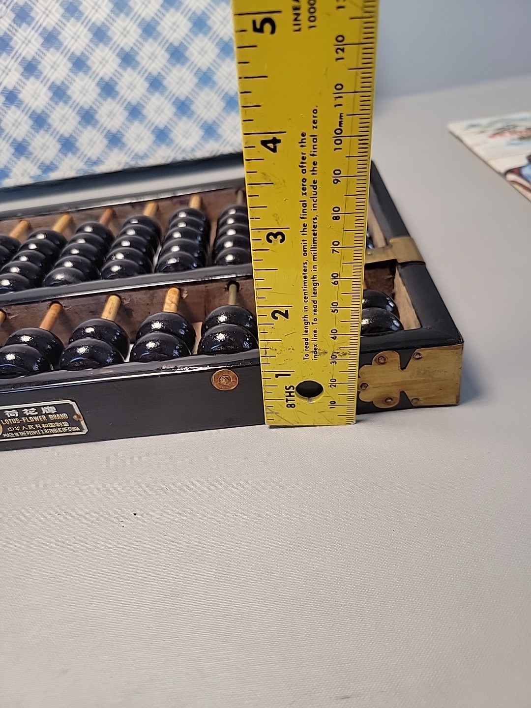 Vintage Chinese Abacus Wood & Brass Lotus Flower Brand Calculator 11 Row 77 Bead