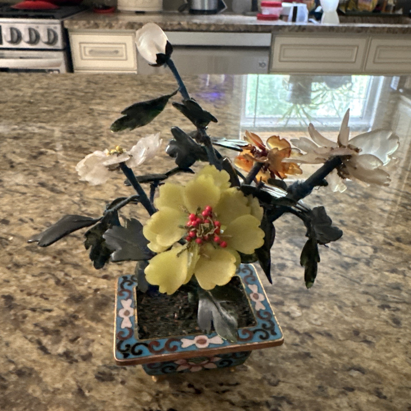 VINTAGE ORIENTAL JADE FLORAL TREE IN CLOISONNE POT ARRANGEMENT