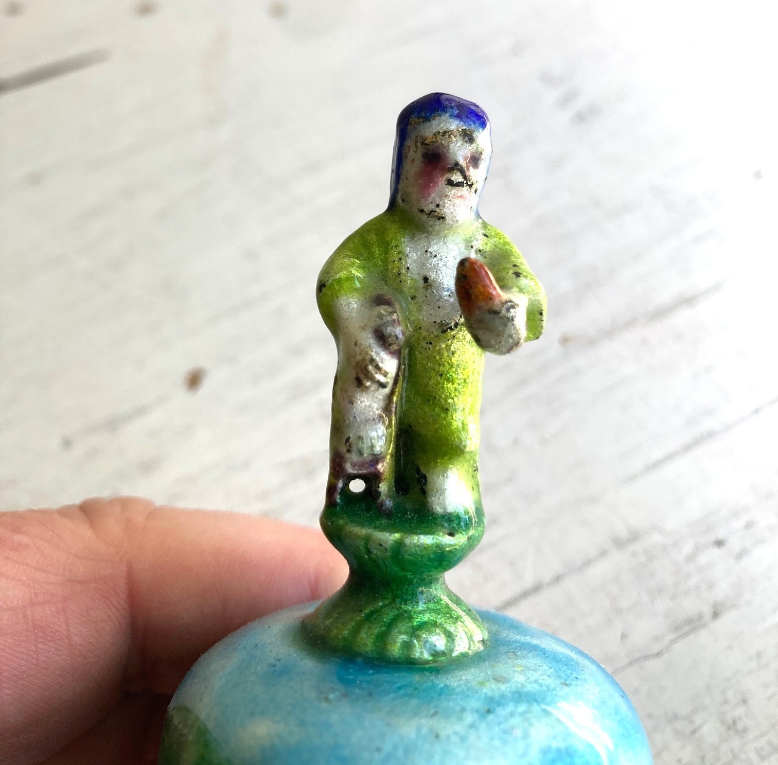 Enamelled Metal Chinese Bell Immortal Figure on Top Floral Blue Green Pink 4 in