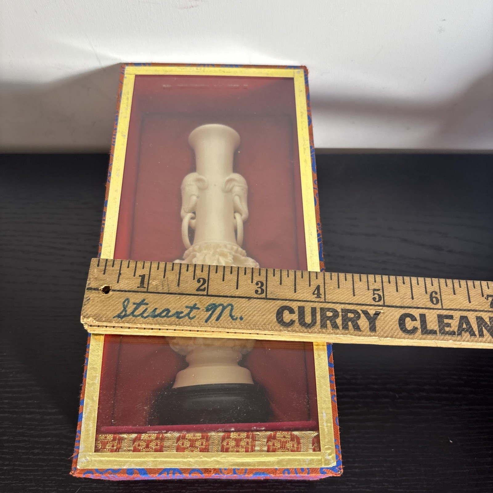 Vintage Chinese Puzzle Ball w/Elephants on Stand Faux Ivory in Plastic Front Box