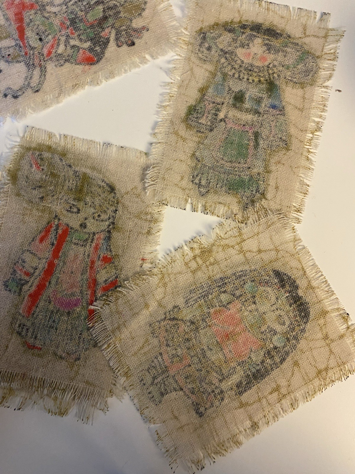 Set of 6 Miao Hmong Folk Art Batik Fabric Panels Hand Painted Mini Textile Art