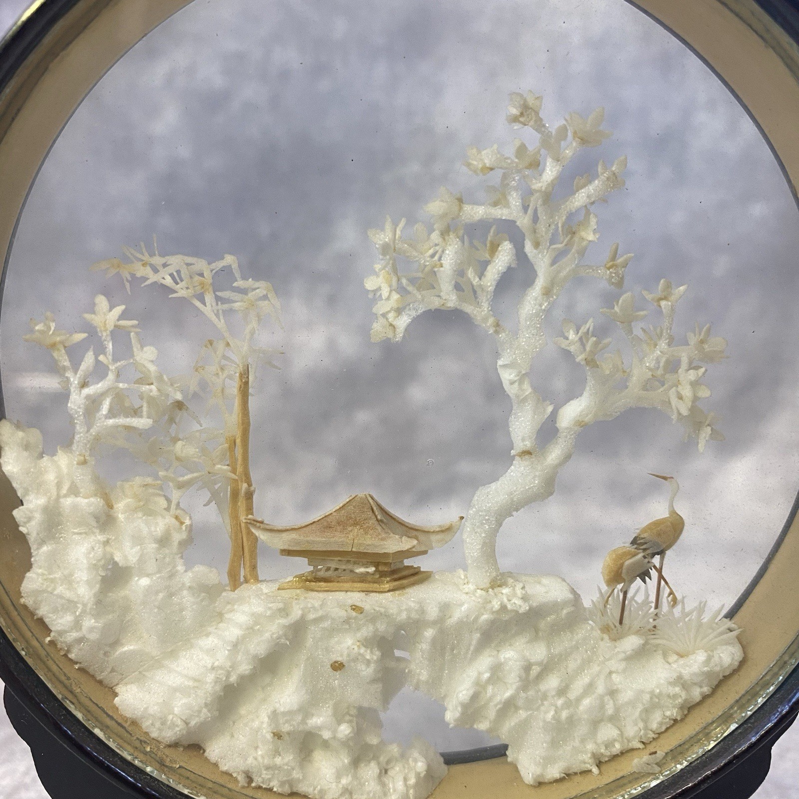 Chinese Cork Sculpture 4.5″ Round in Black Lacquered Frame Storks Pagoda decor