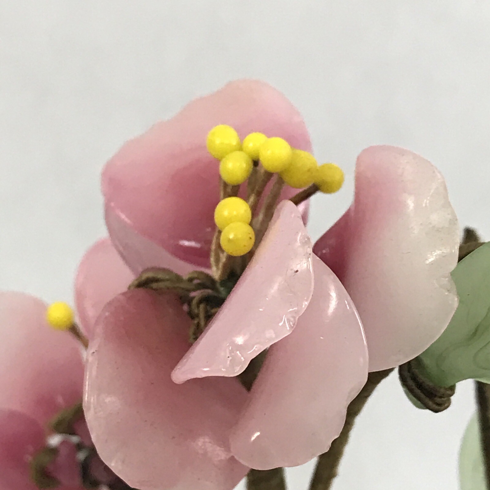 Pink Flower Decorative Asian Style Jade Glass Flowers Bonsai Plant Celadon Pot