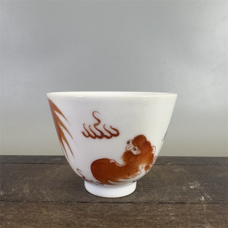 3″ Chinese Qing Porcelain Alum Red Animal Foo Fu Dog Lion Cup