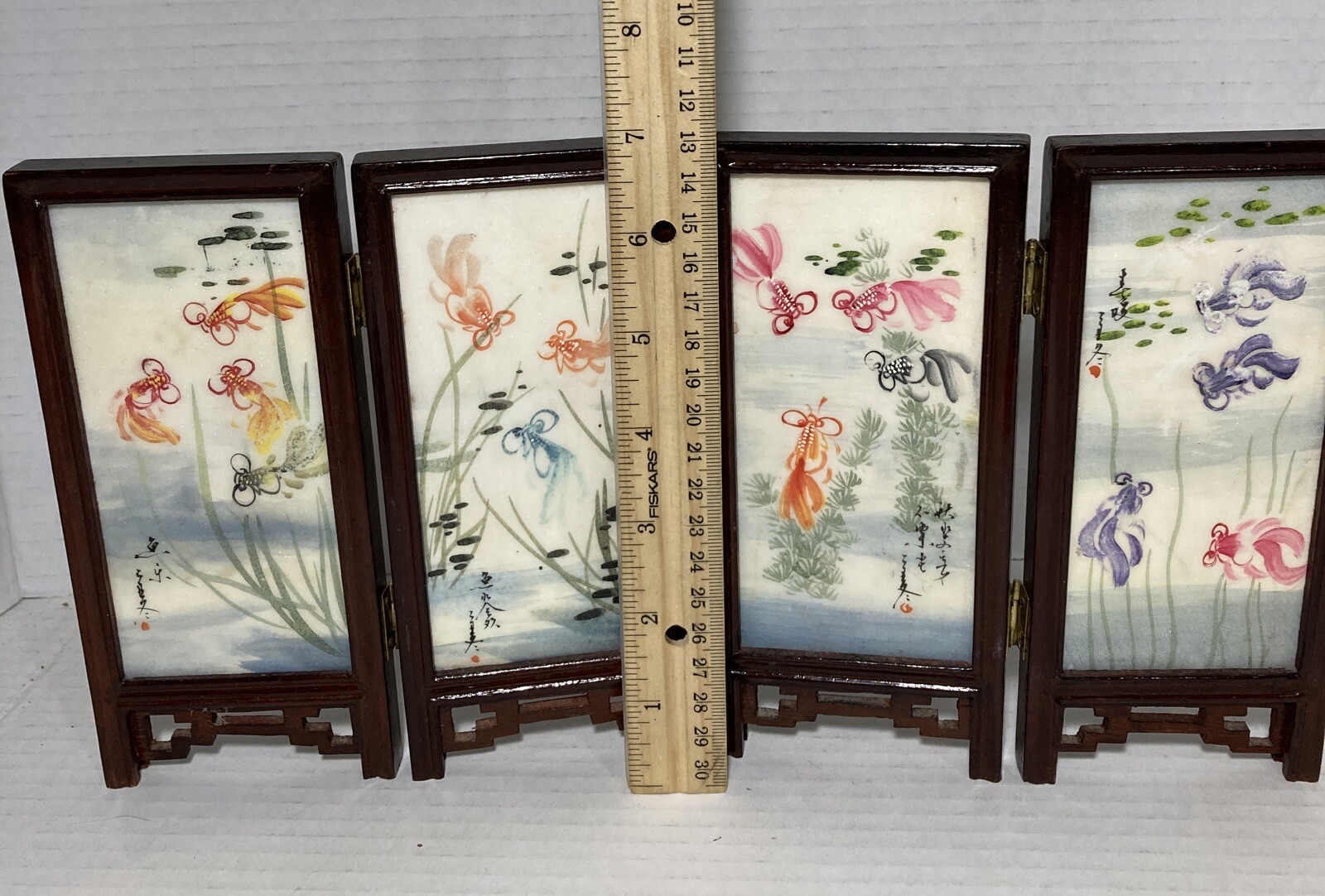 Chinese Oriental Desk Top Tile & Wood 2 Sided Folding Screen Horse Koy Fish